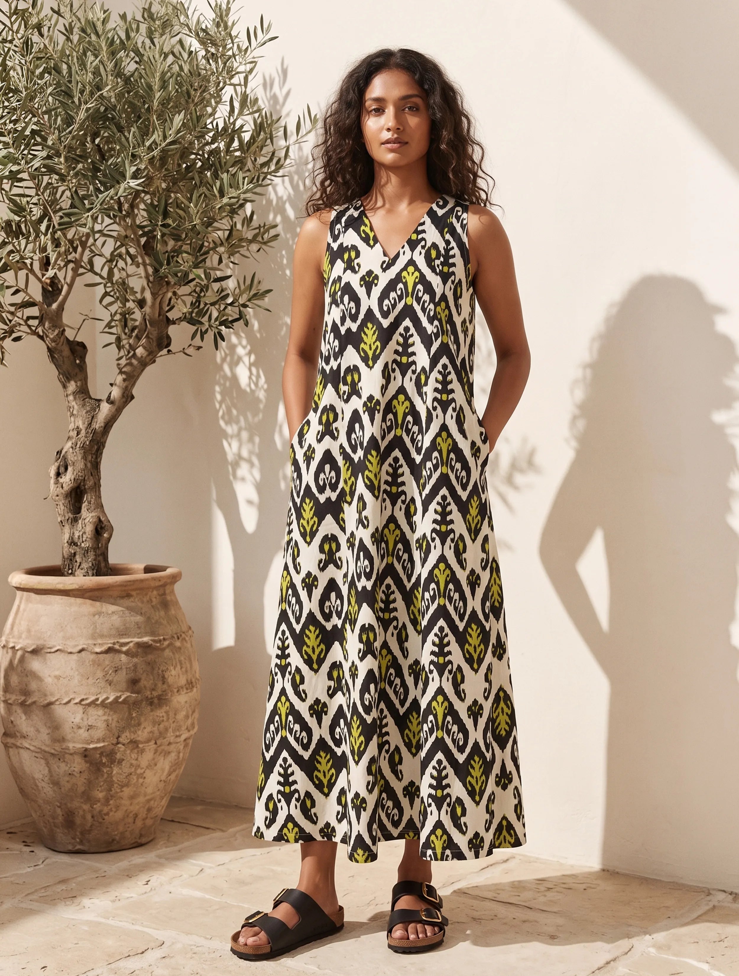 trueBrowns Black White Ikat Print Cotton Poplin Sleeveless Long Dress