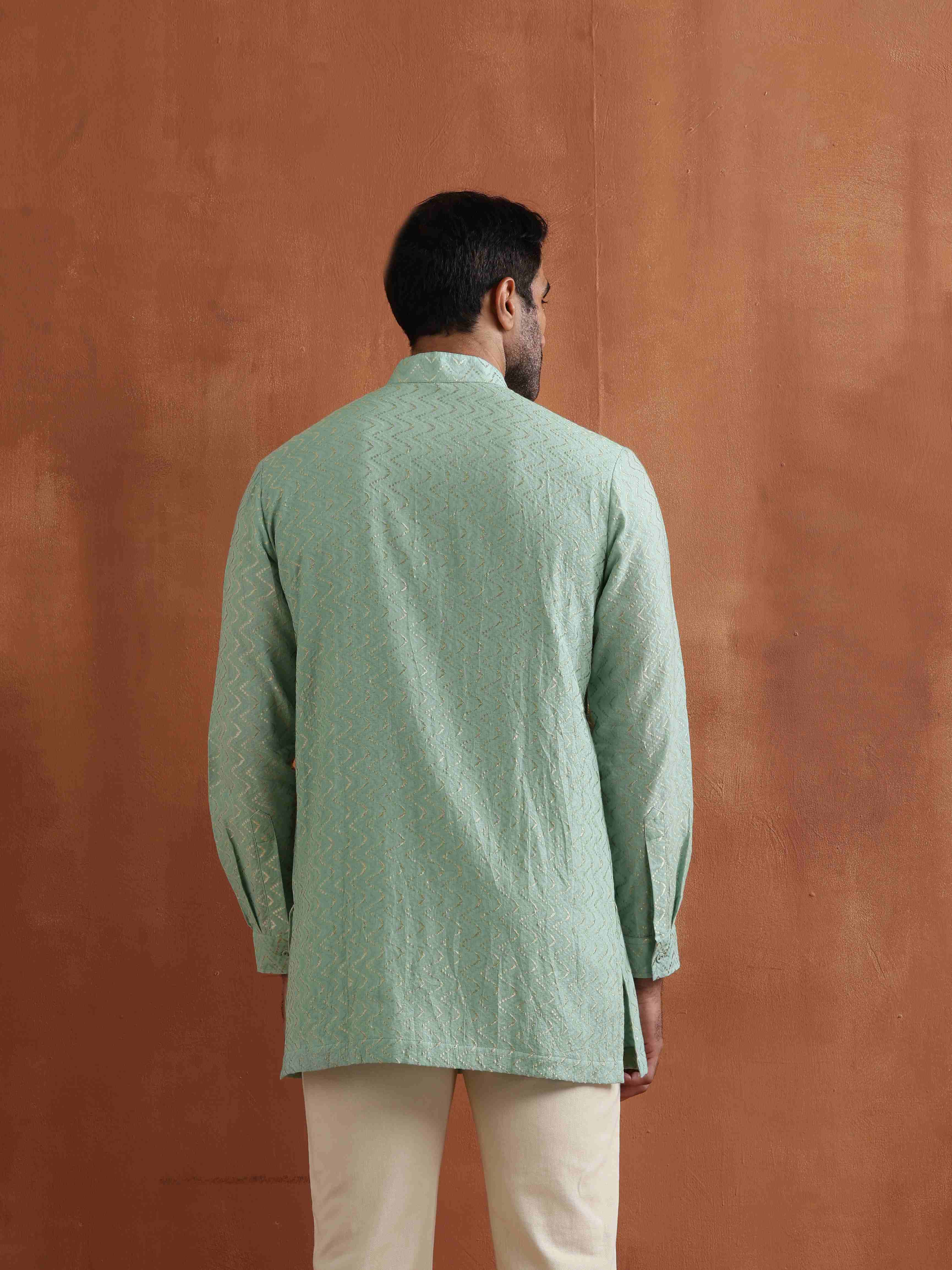 trueBrowns Men's Green Cotton Dobby Front Open Short Kurta