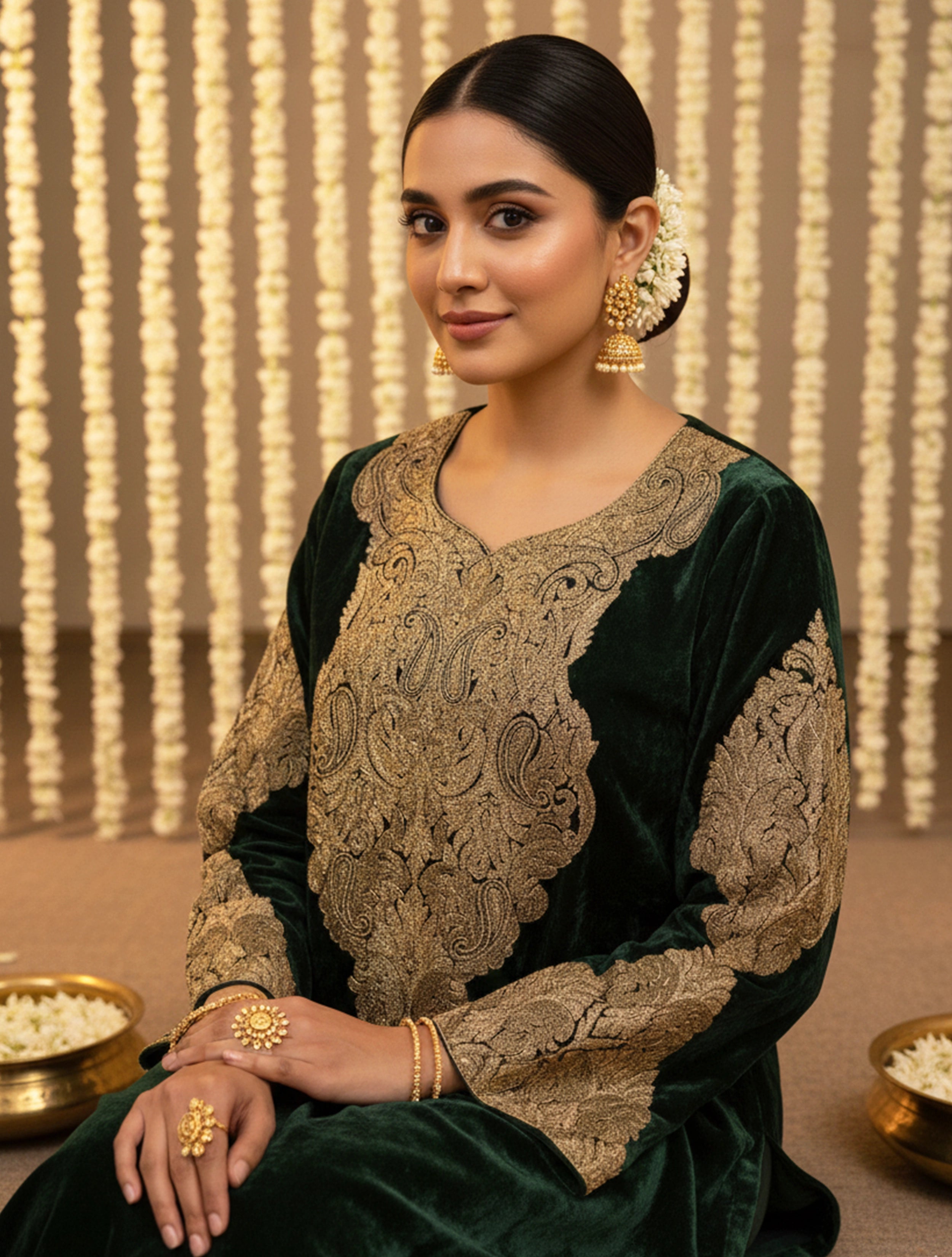 trueBrowns Green Velvet Embroidered Chogha Pants Dupatta Set