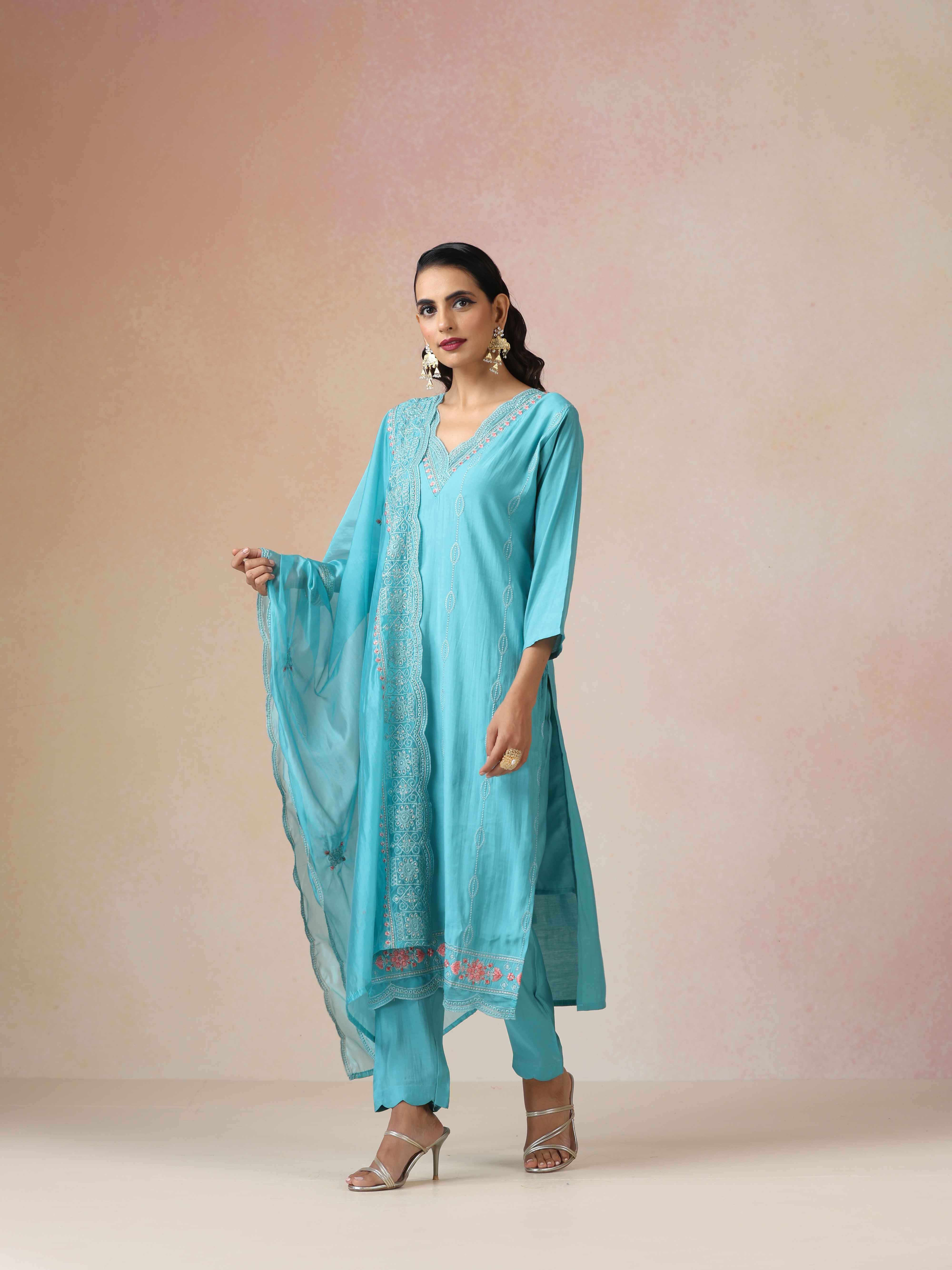 trueBrowns Blue Embroidered Kurta Pant Dupatta Set