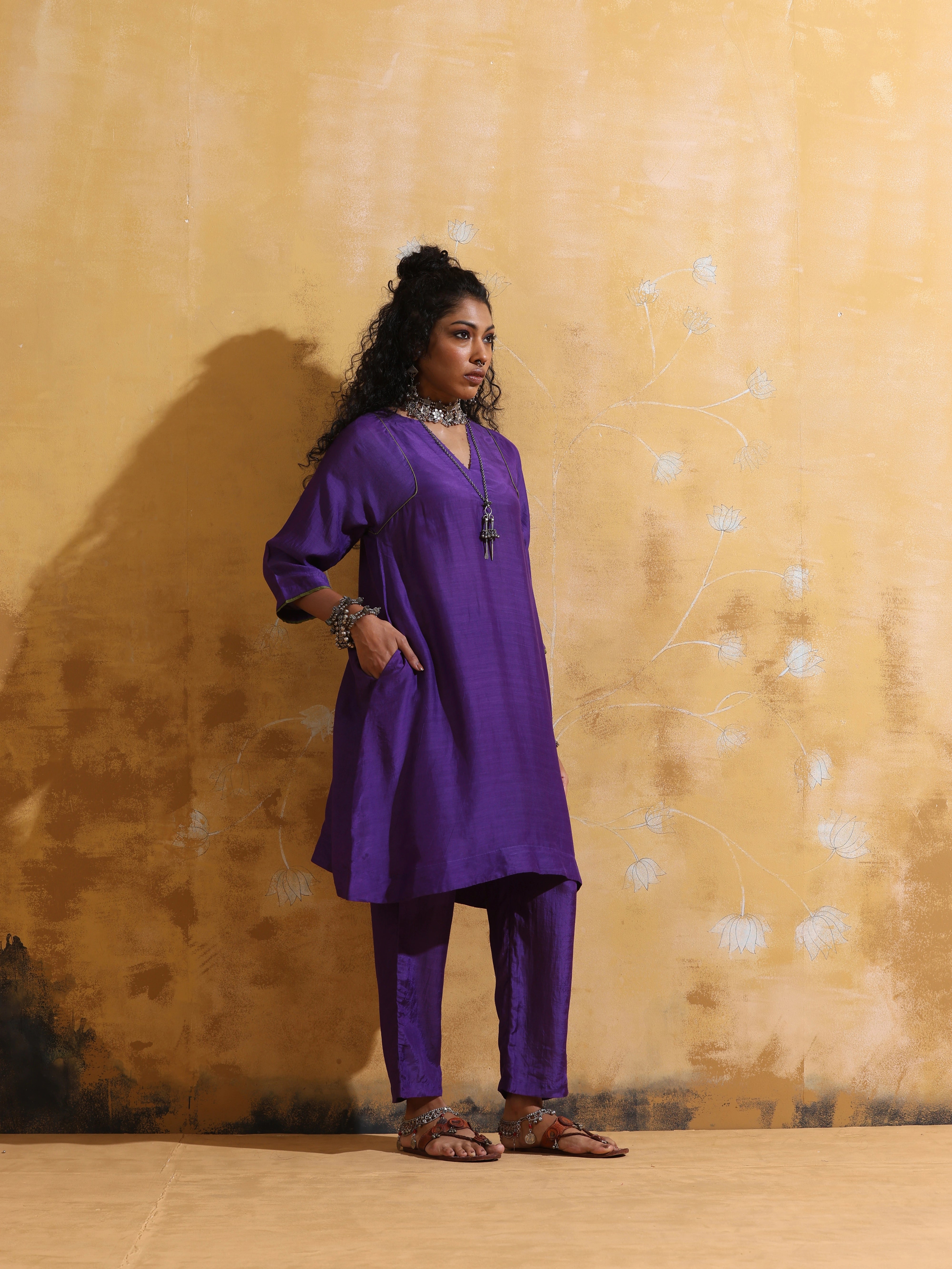 trueBrowns Purple Muslin Silk A-line Kurta Co-ord Set