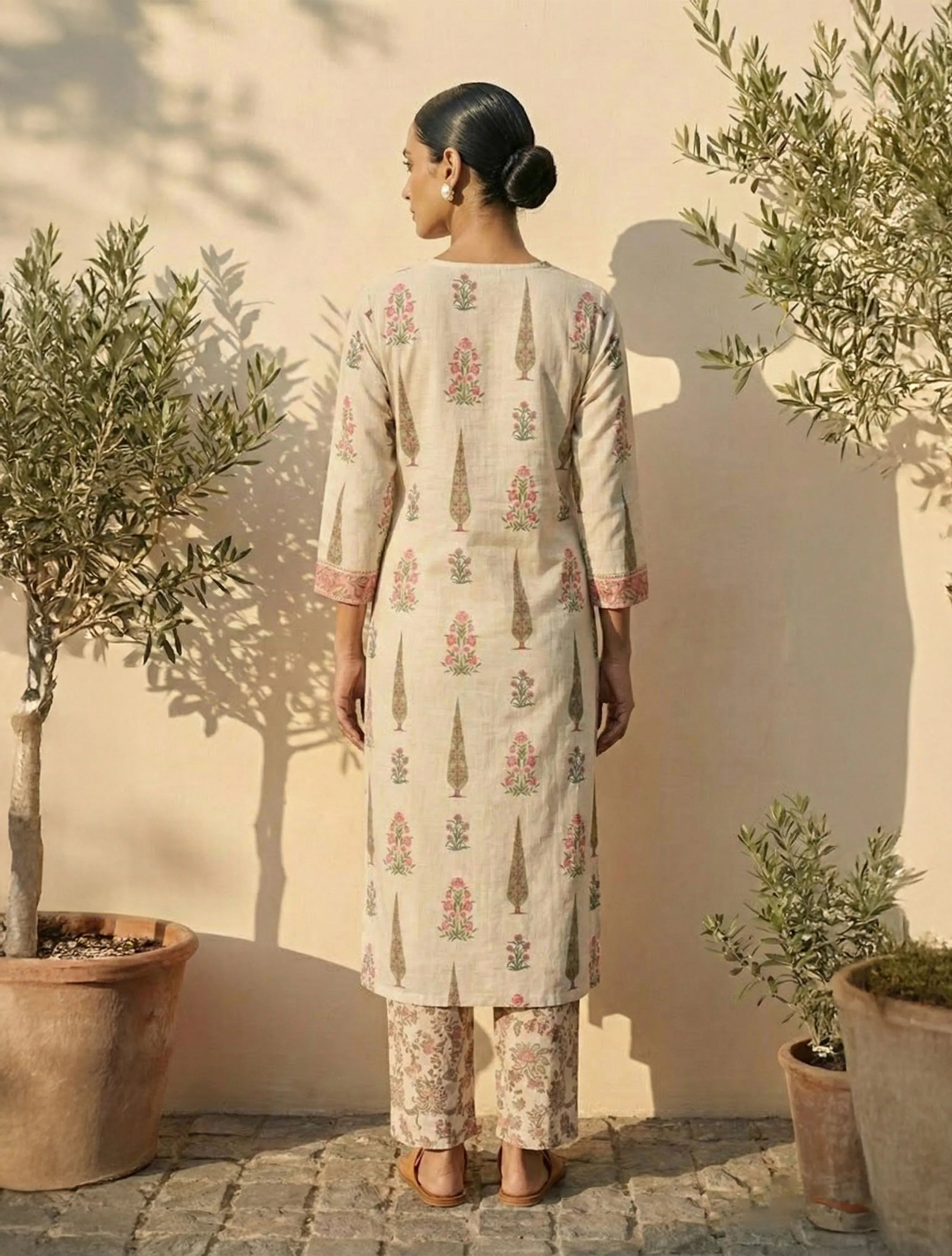 trueBrowns Ivory Boota Print V-Neck Kurta Pant Set