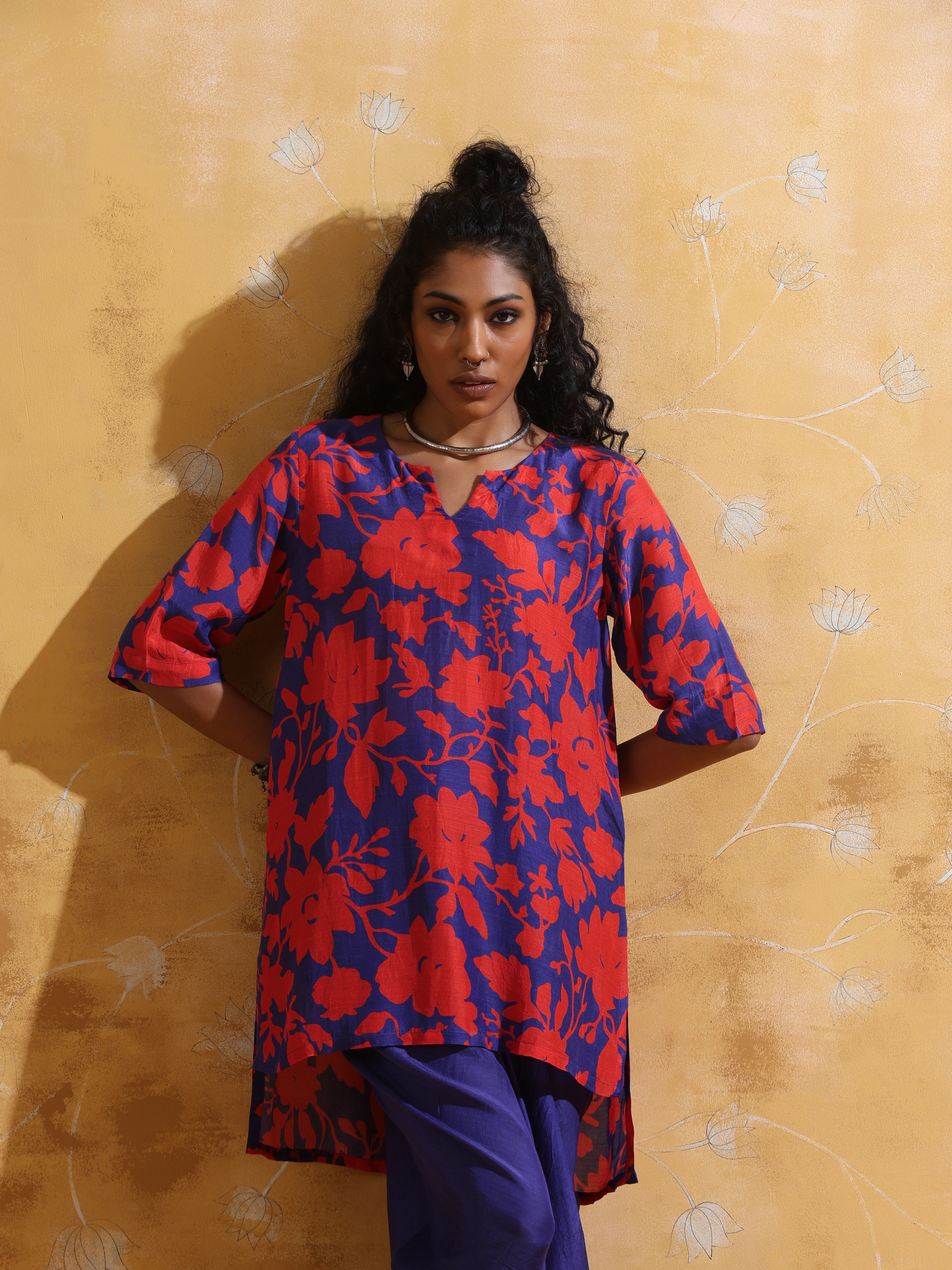 trueBrowns Purple Red Jaal Print Muslin Silk Dhoti Co-ord Set