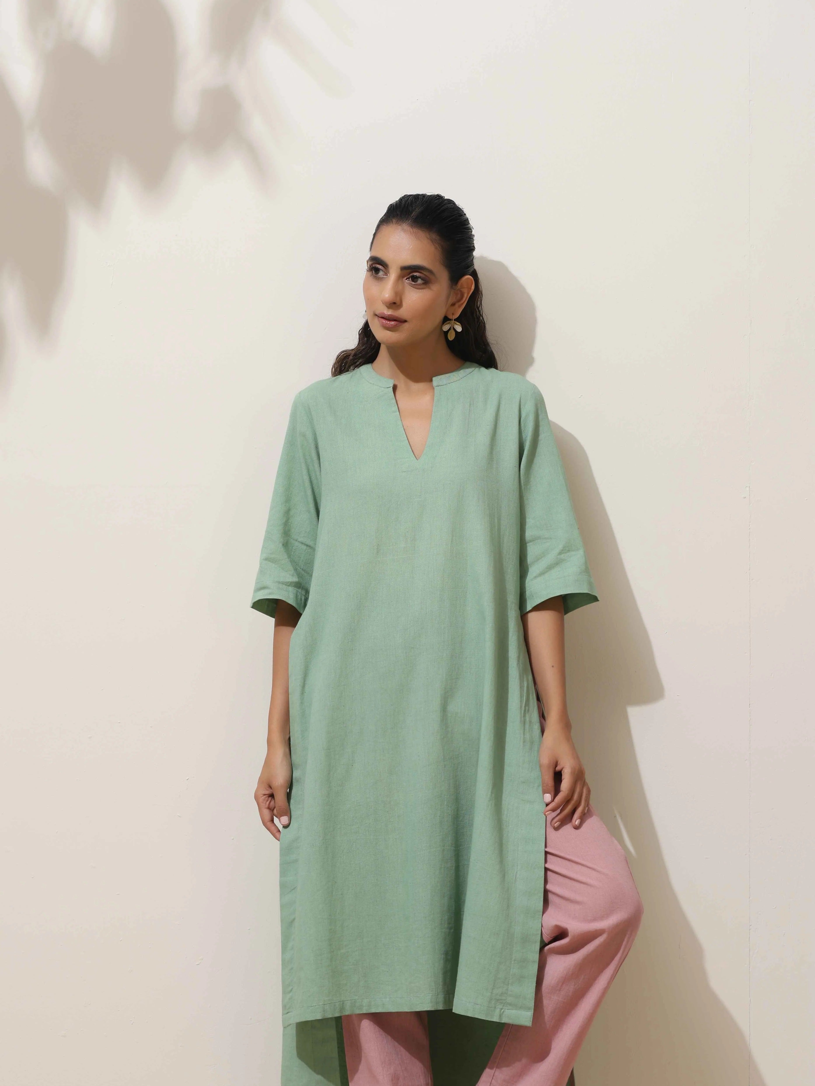 trueBrowns Mint Green Cotton Linen Kurta Pant Set