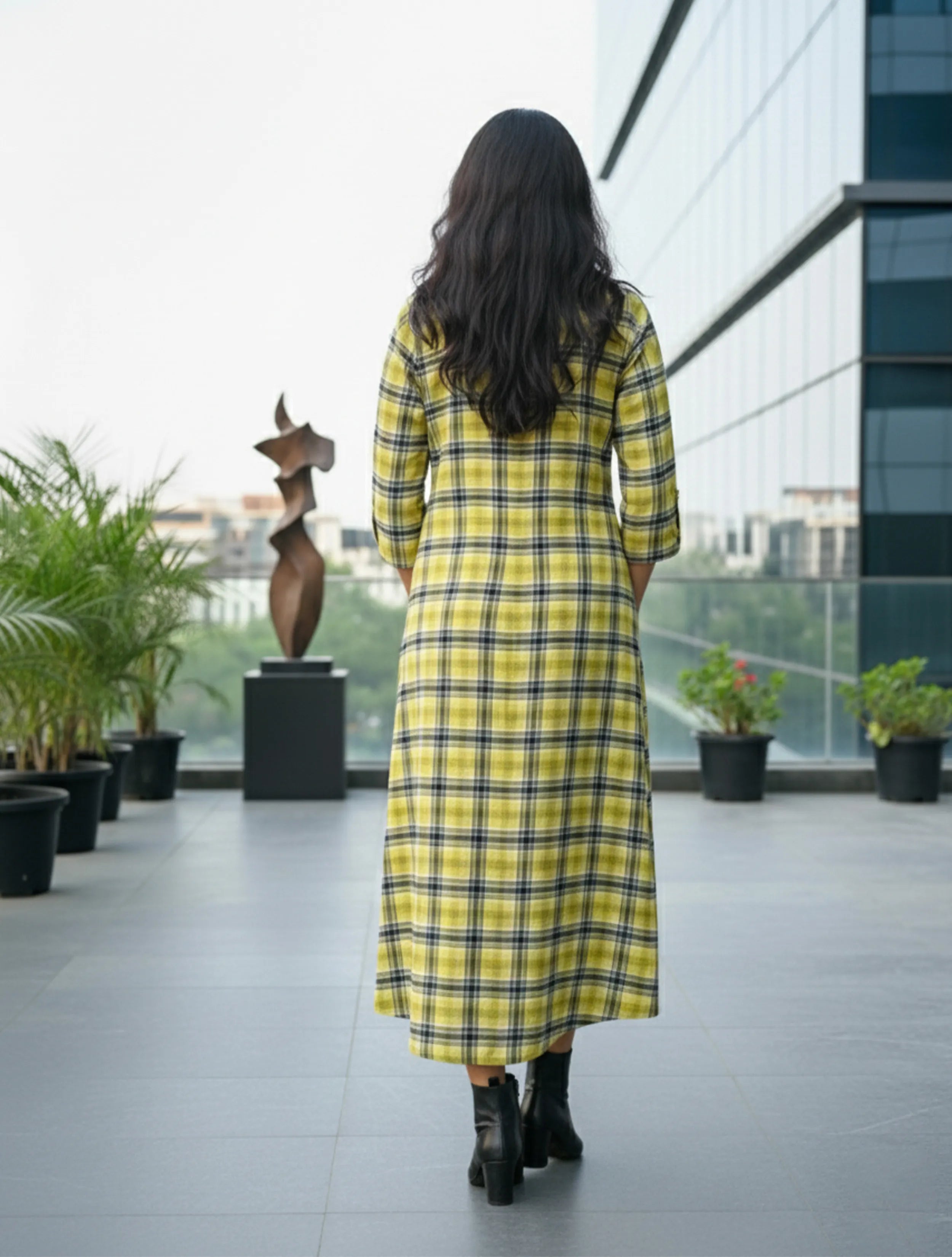 trueBrowns Lime Check Woollen Dress