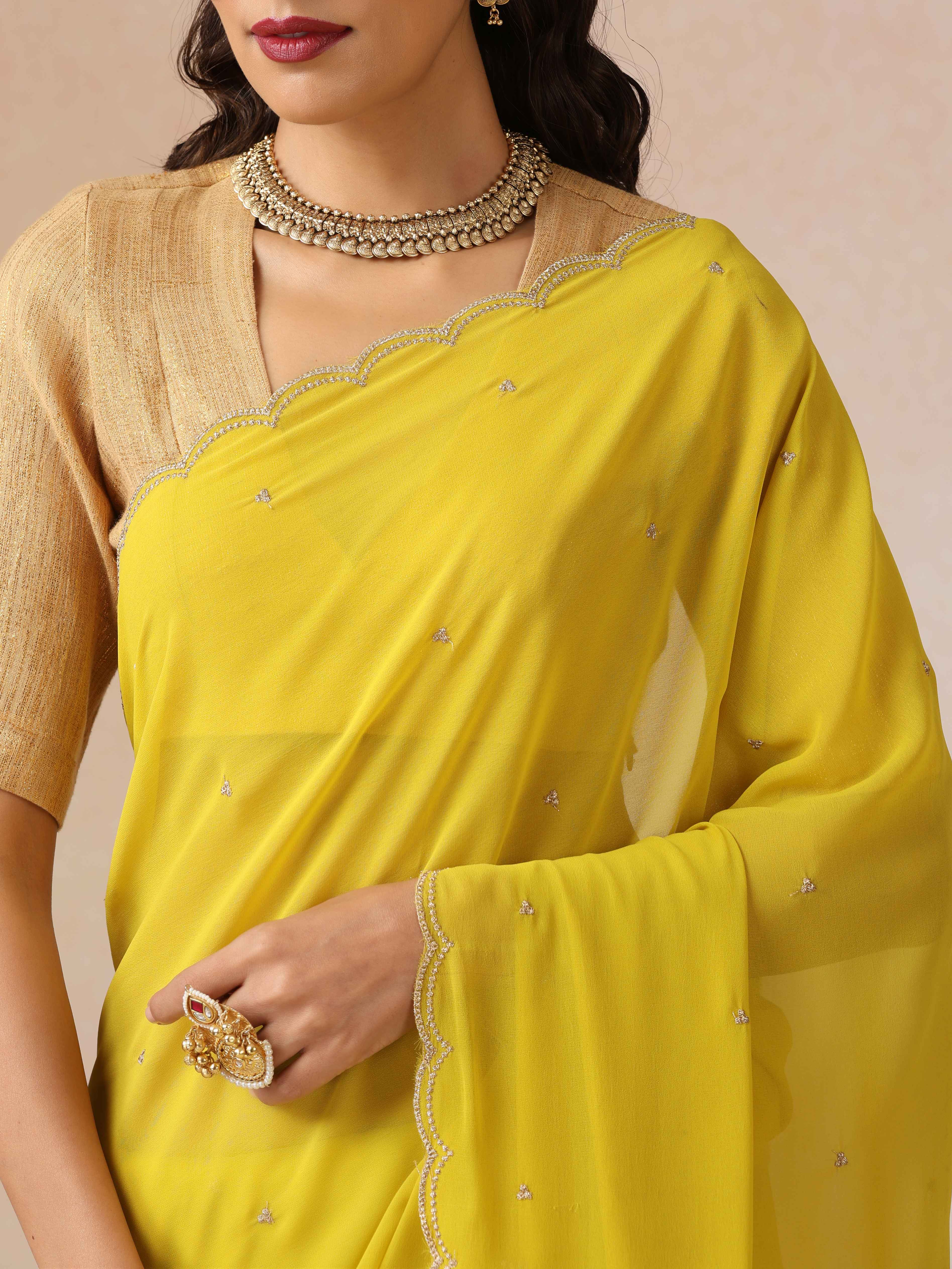 trueBrowns Lime Georgette Embroidered Saree With unstitched Blouse