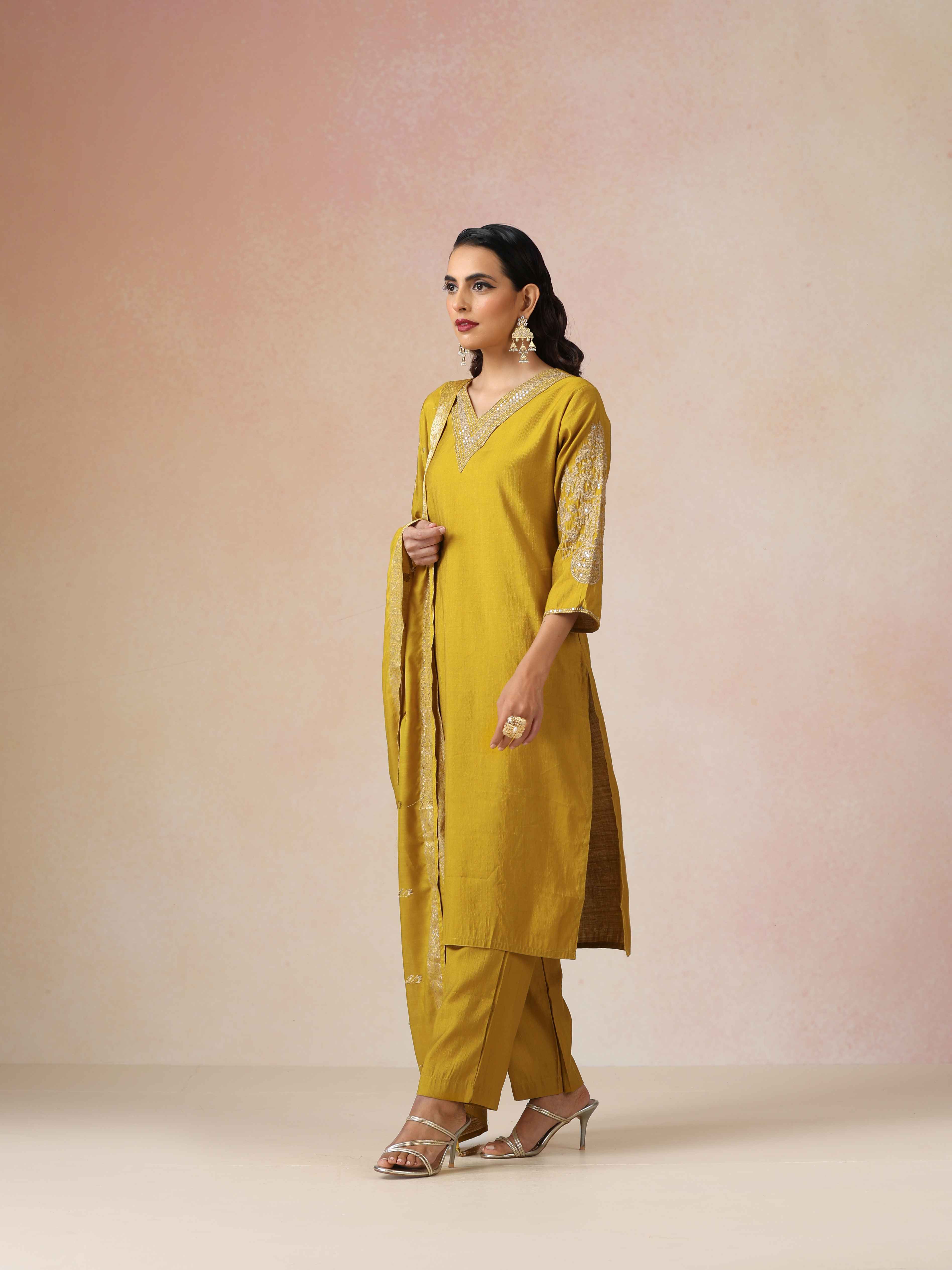 trueBrowns Mustard Embroidered Straight Kurta Pant Dupatta Set