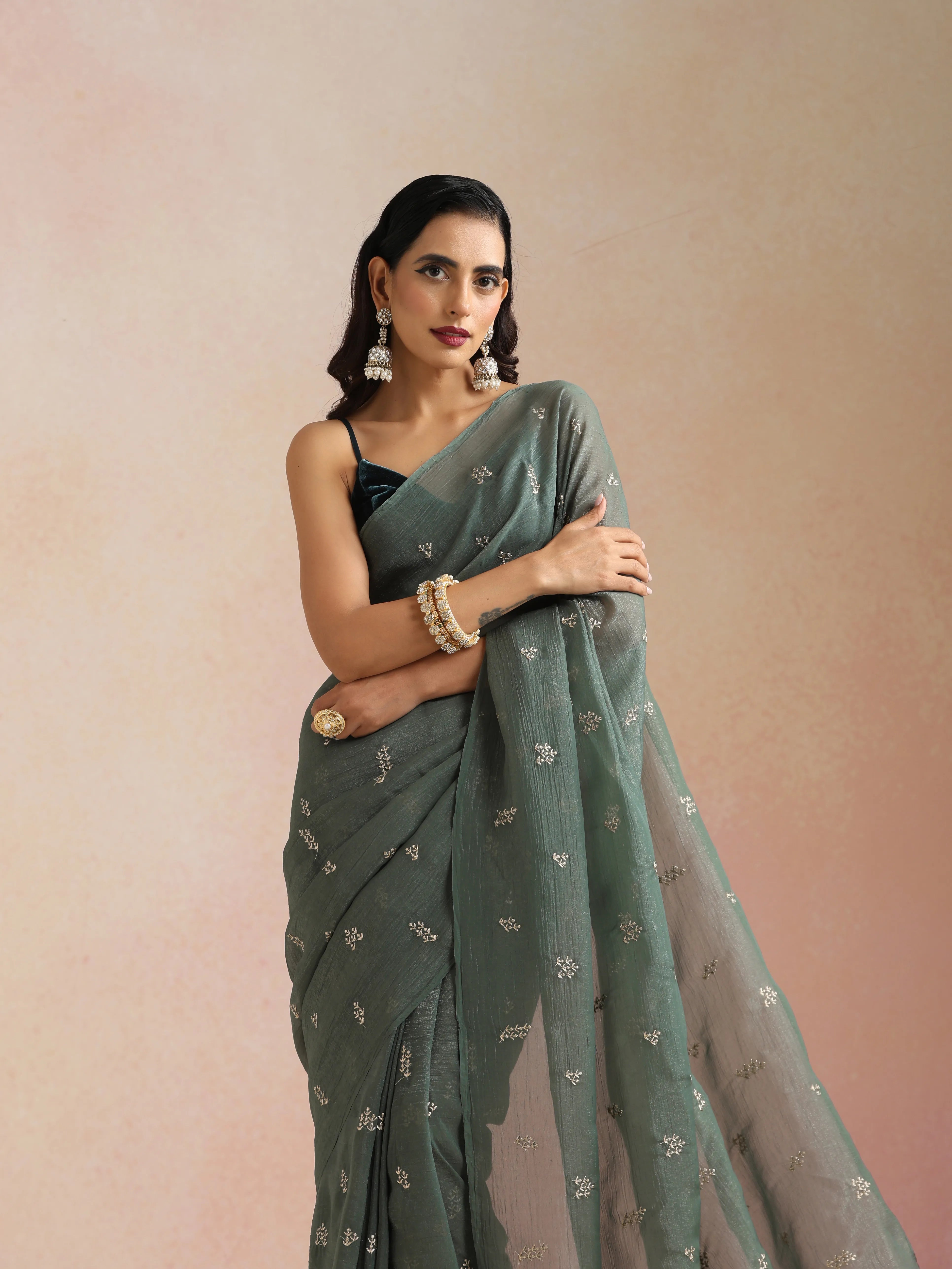 trueBrowns Turq All Over Embroidered Saree With Unstitched Blouse