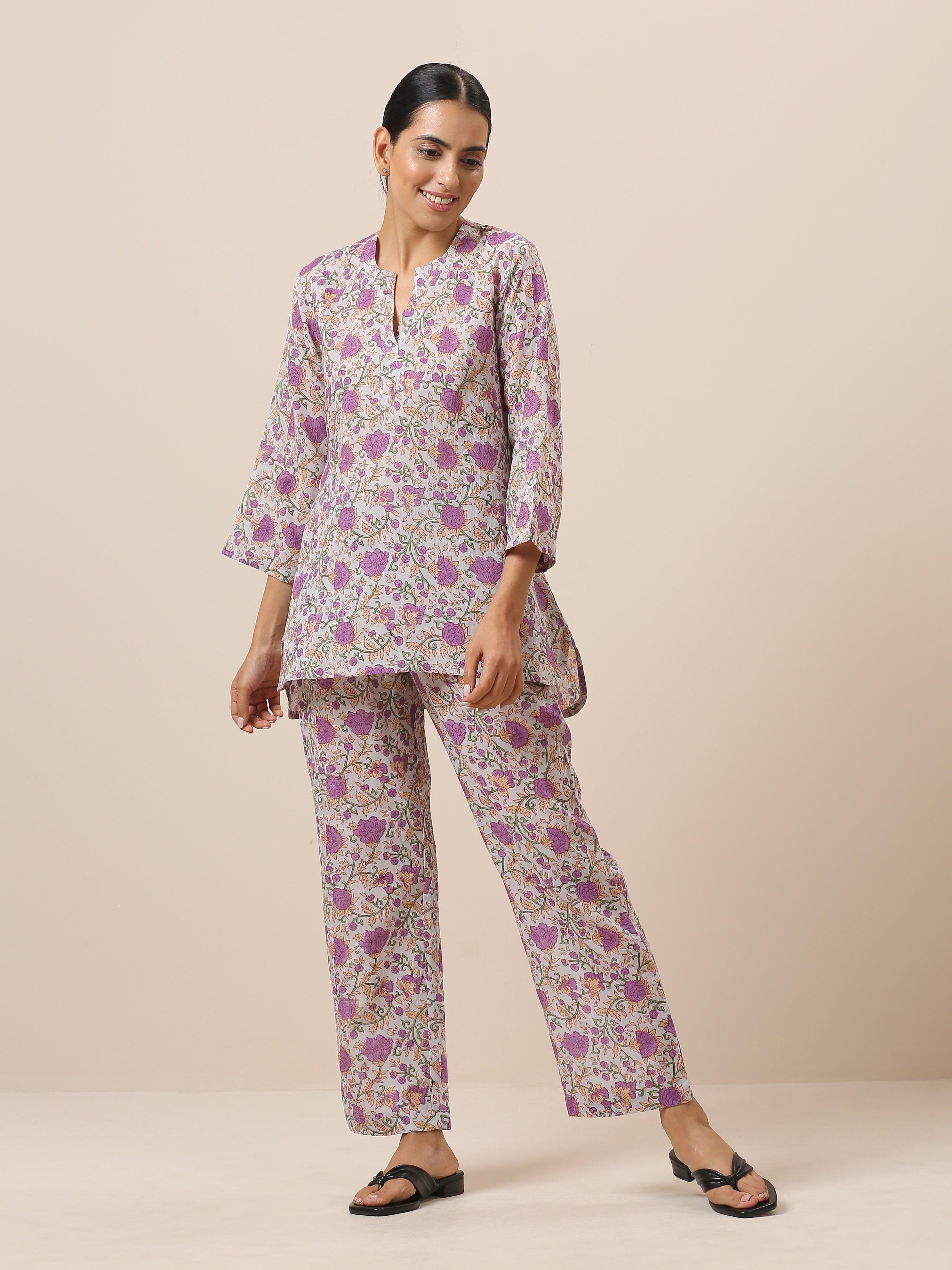 Cotton Hand Block Printed Purple Co-Ord Set - trueBrowns