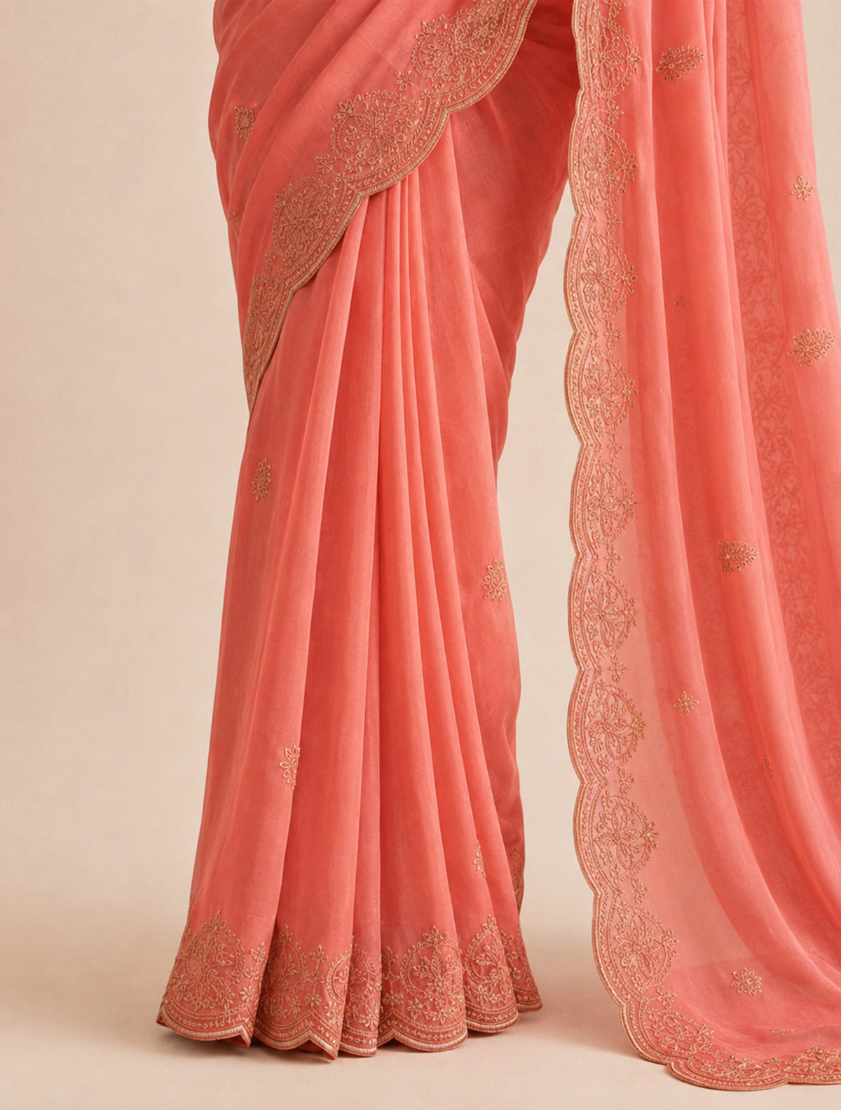 trueBrowns Peach Boota Embroidered Georgette Saree With Unstitched Blouse