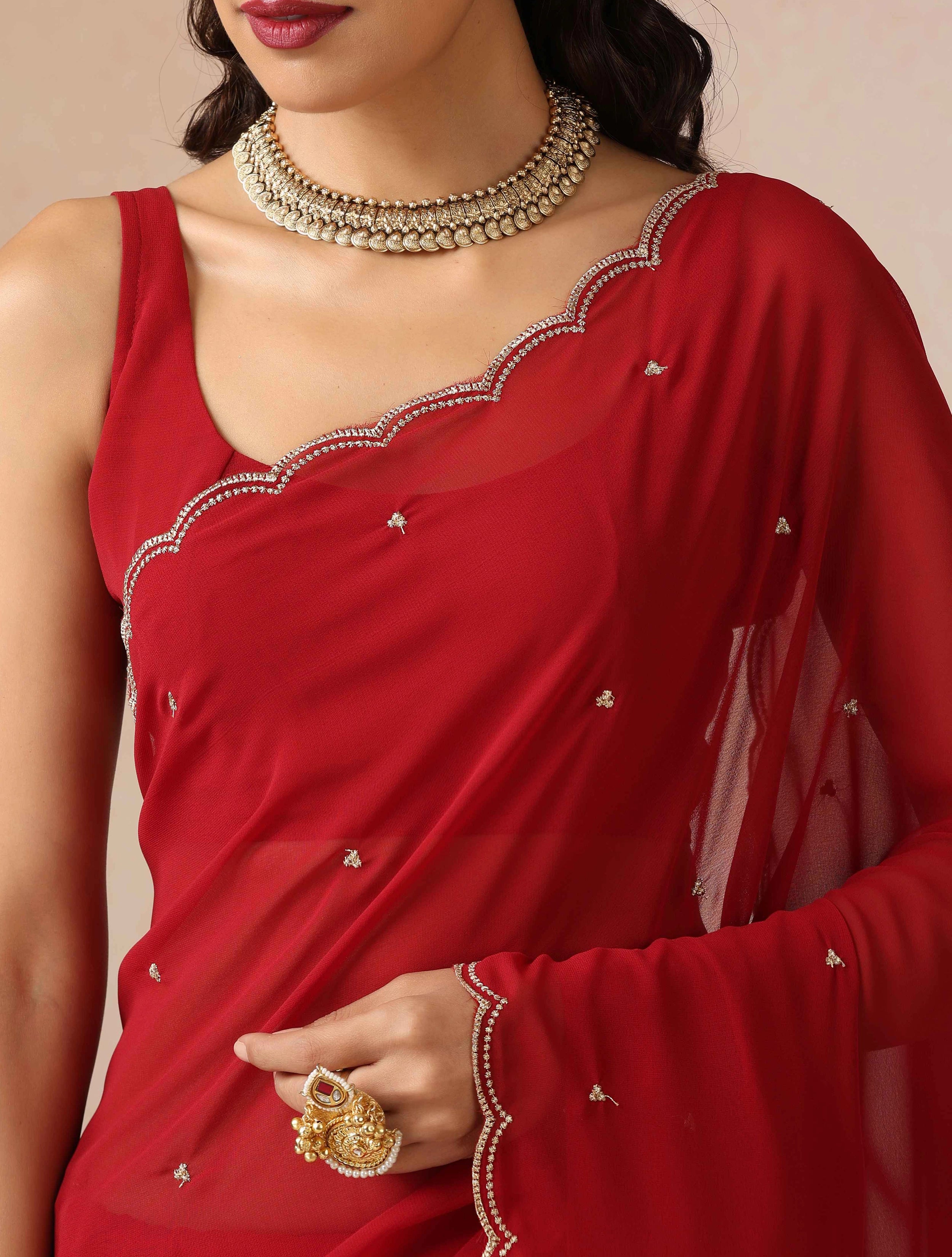 trueBrowns Maroon Georgette Embroidered Saree With unstitched Blouse