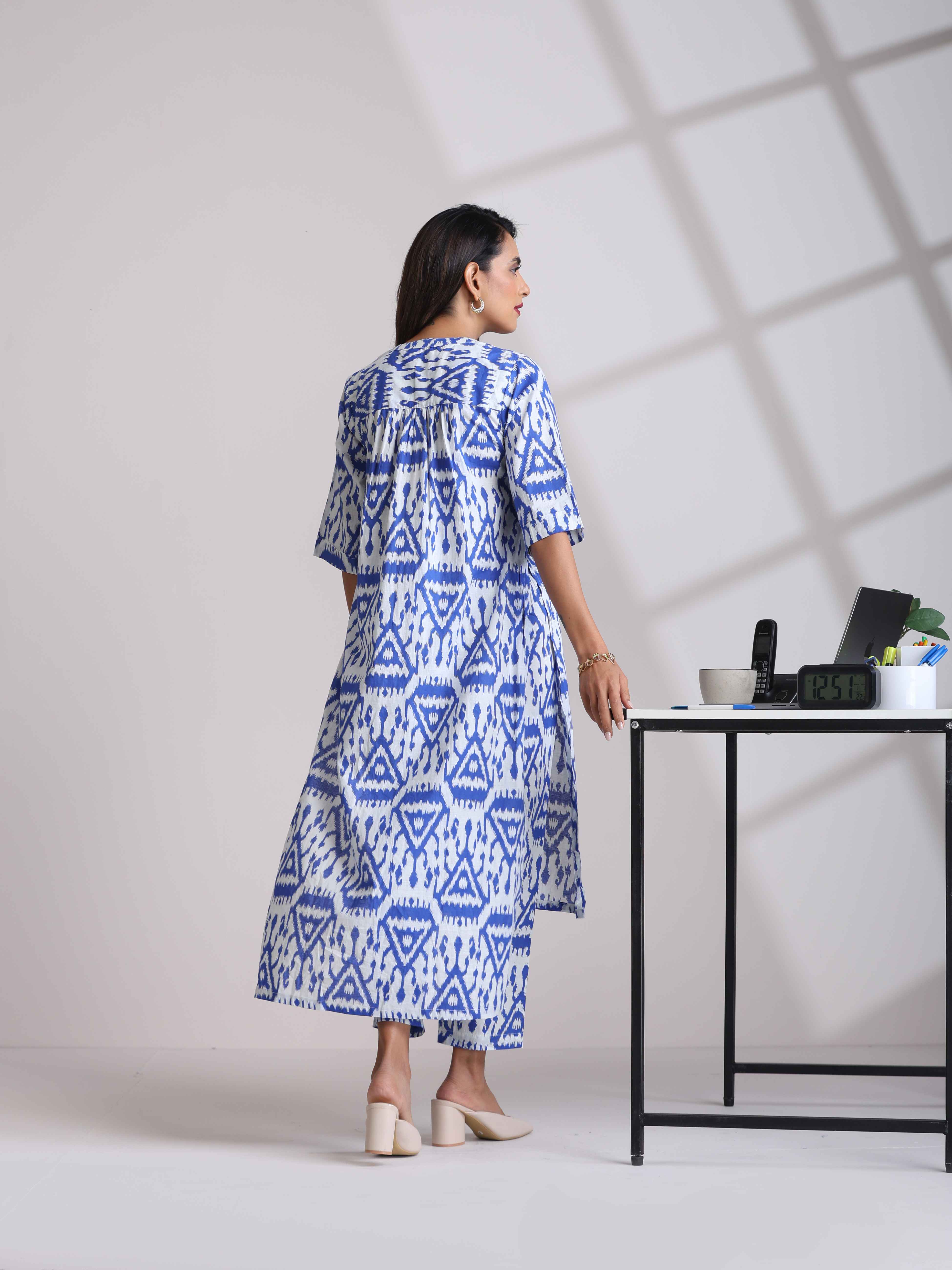 trueBrowns Blue Cotton Ikat High-Low Kurta Pant Set