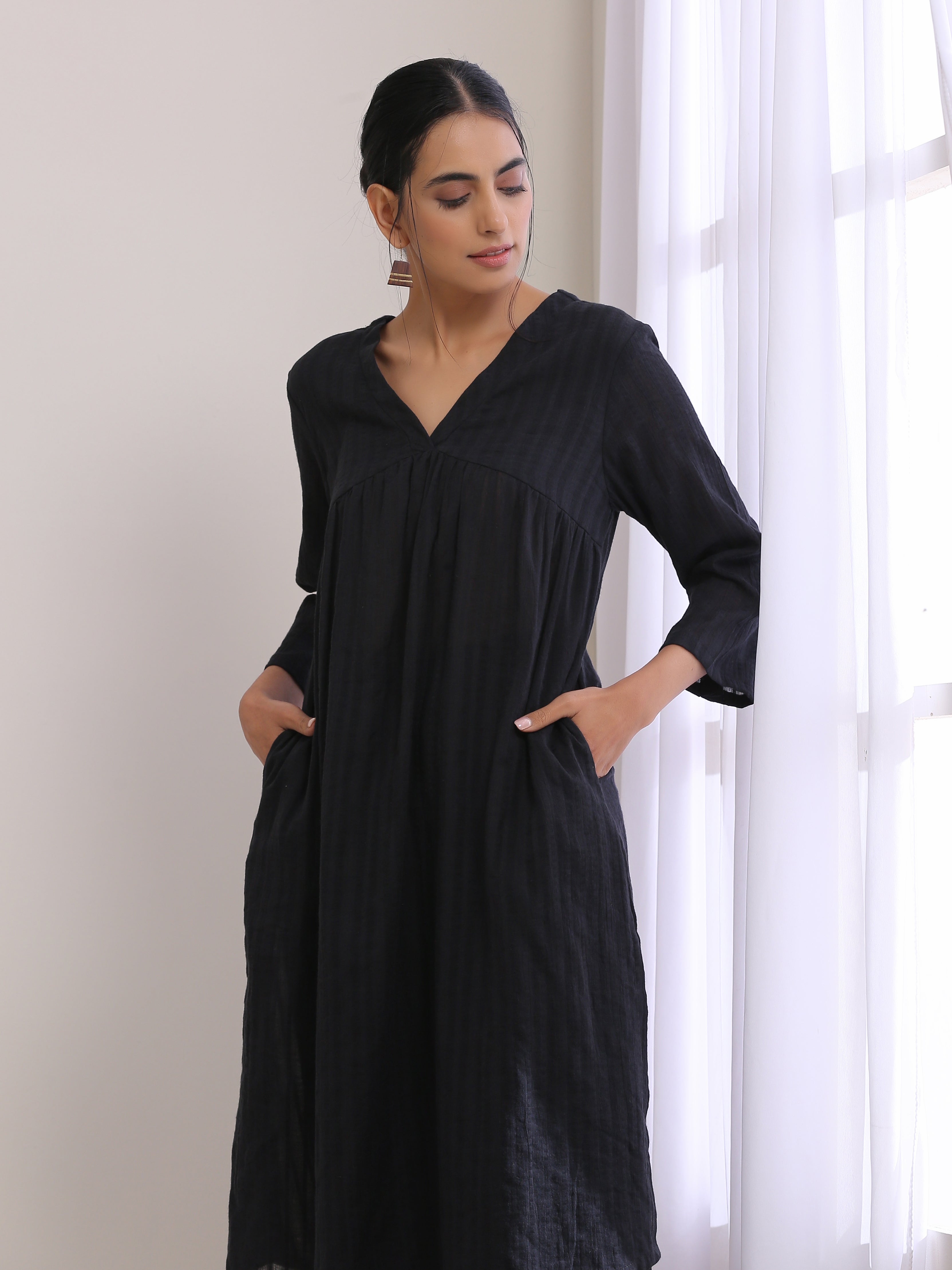 Black Dobby Flared Slit Kurta Pant Set