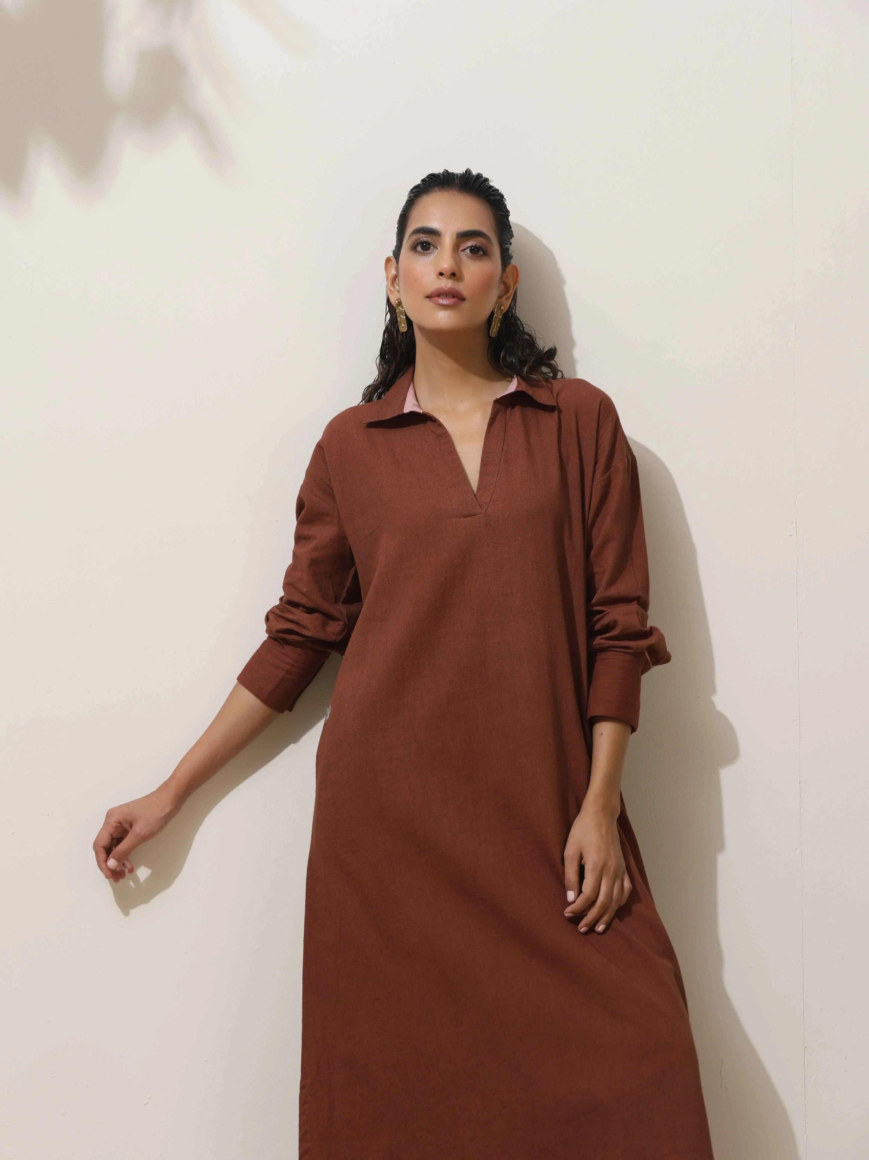 trueBrowns Brown Cotton Linen Kurta Pant Set