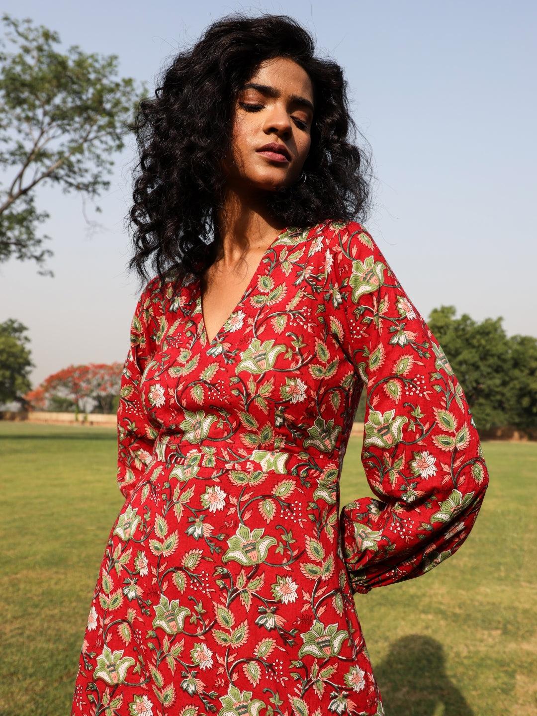 Red Cotton Block Print Backless Dress - trueBrowns