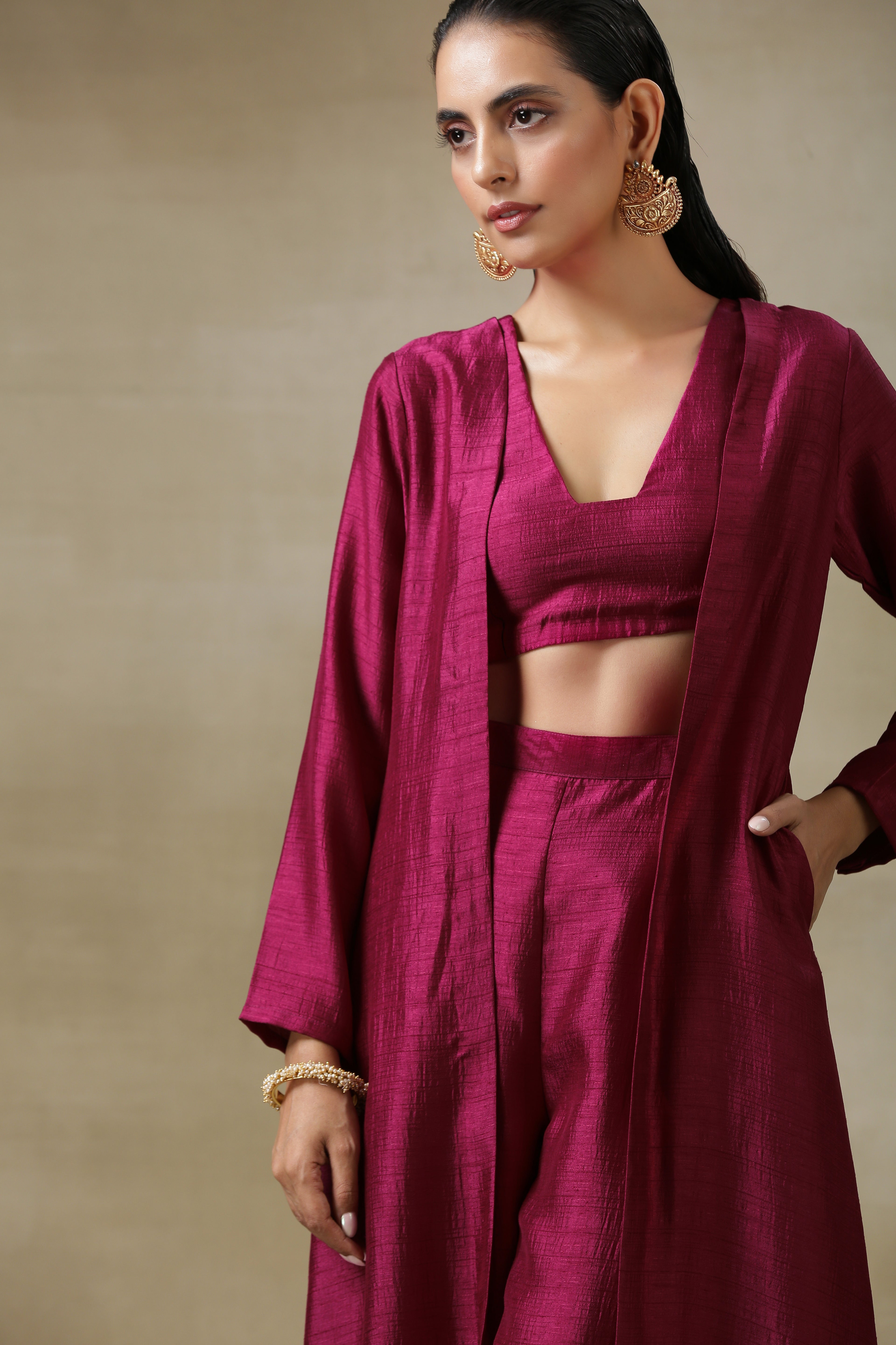 Purple Textured Silk Overlay Jacket Blouse Pant Set