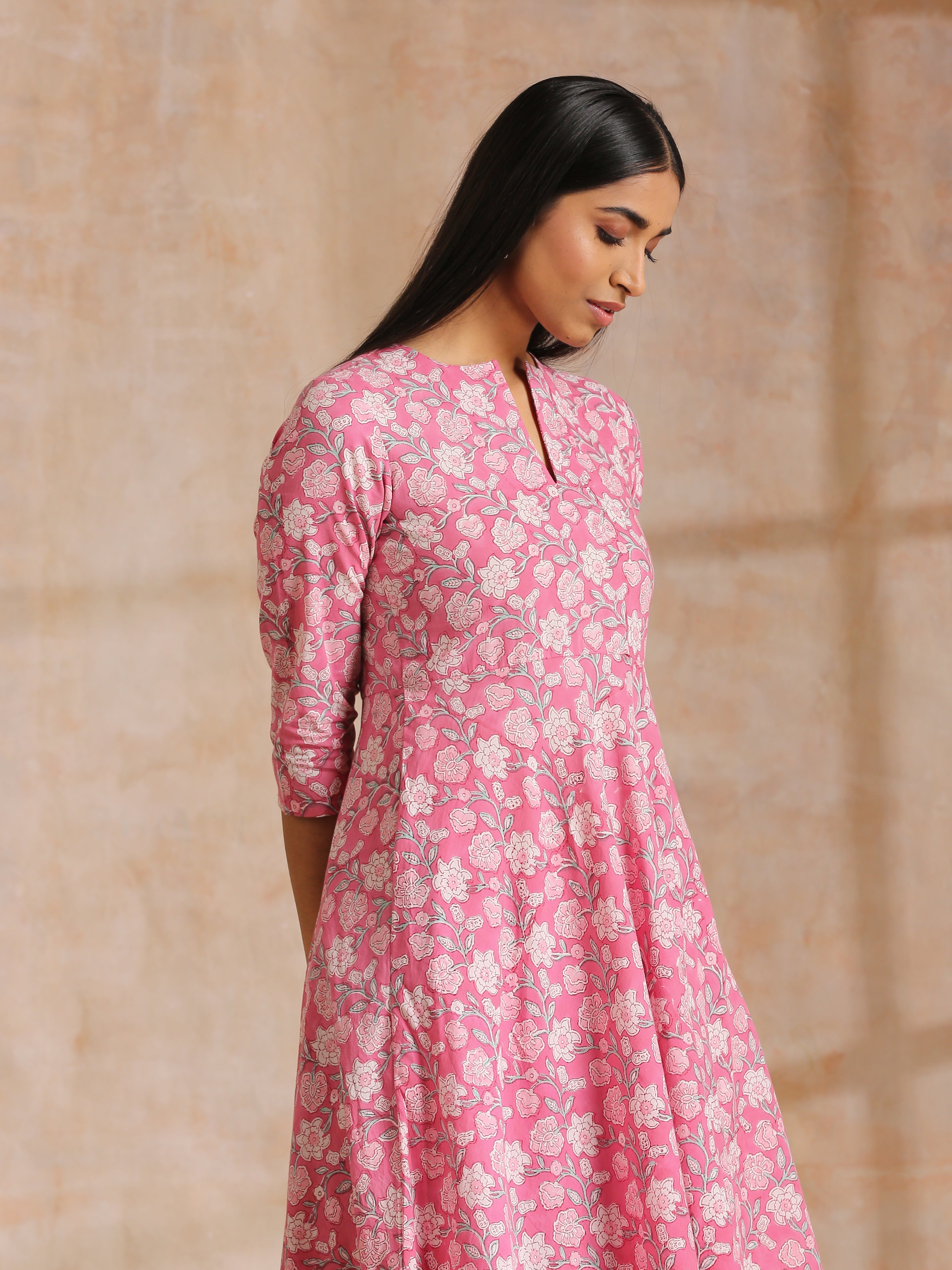 Pink Overall Floral Block Print Cotton Flared Kurta Pant Set