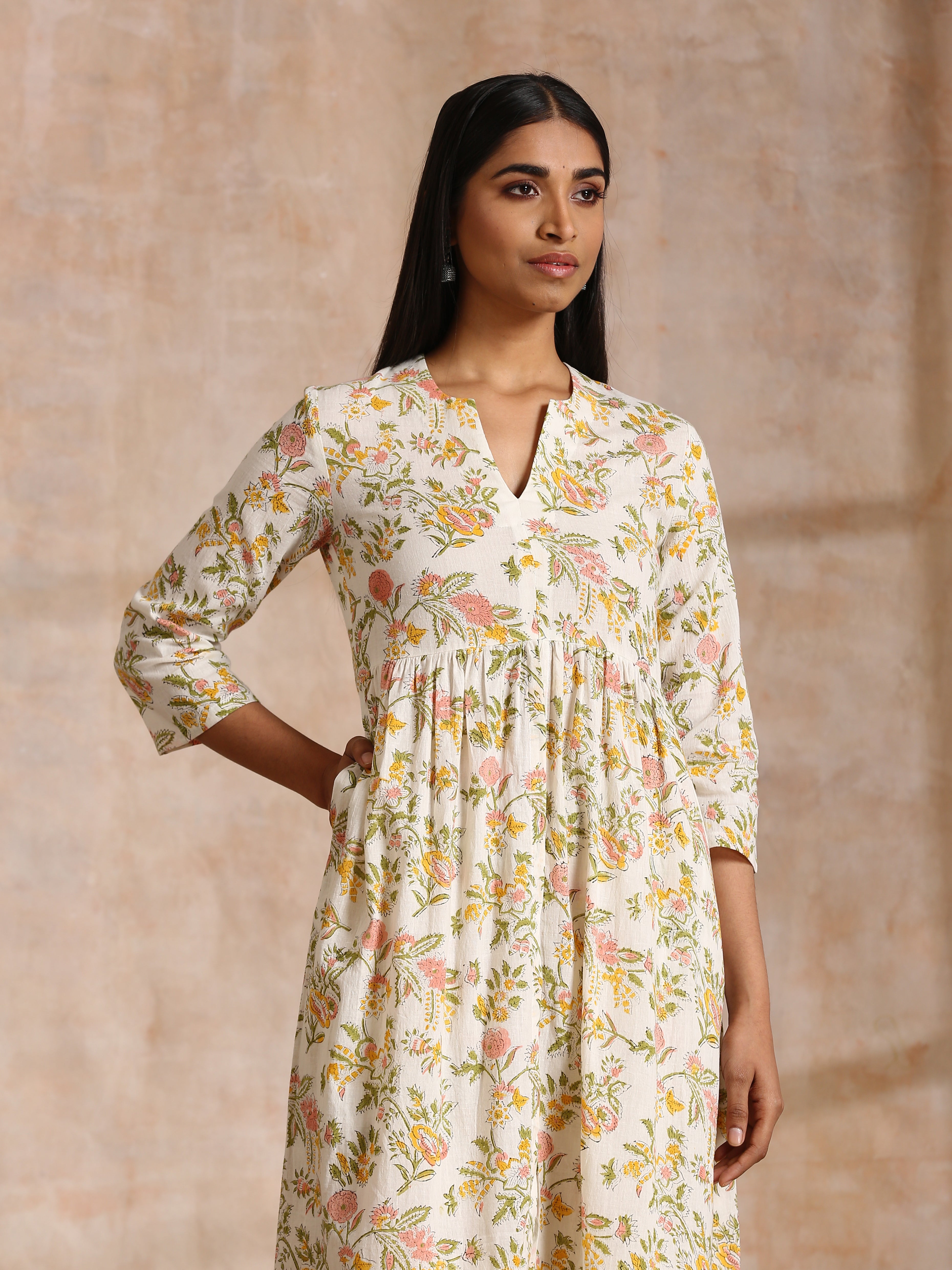 White Multi Color Overall Block Print Cotton Kurta Pant Set