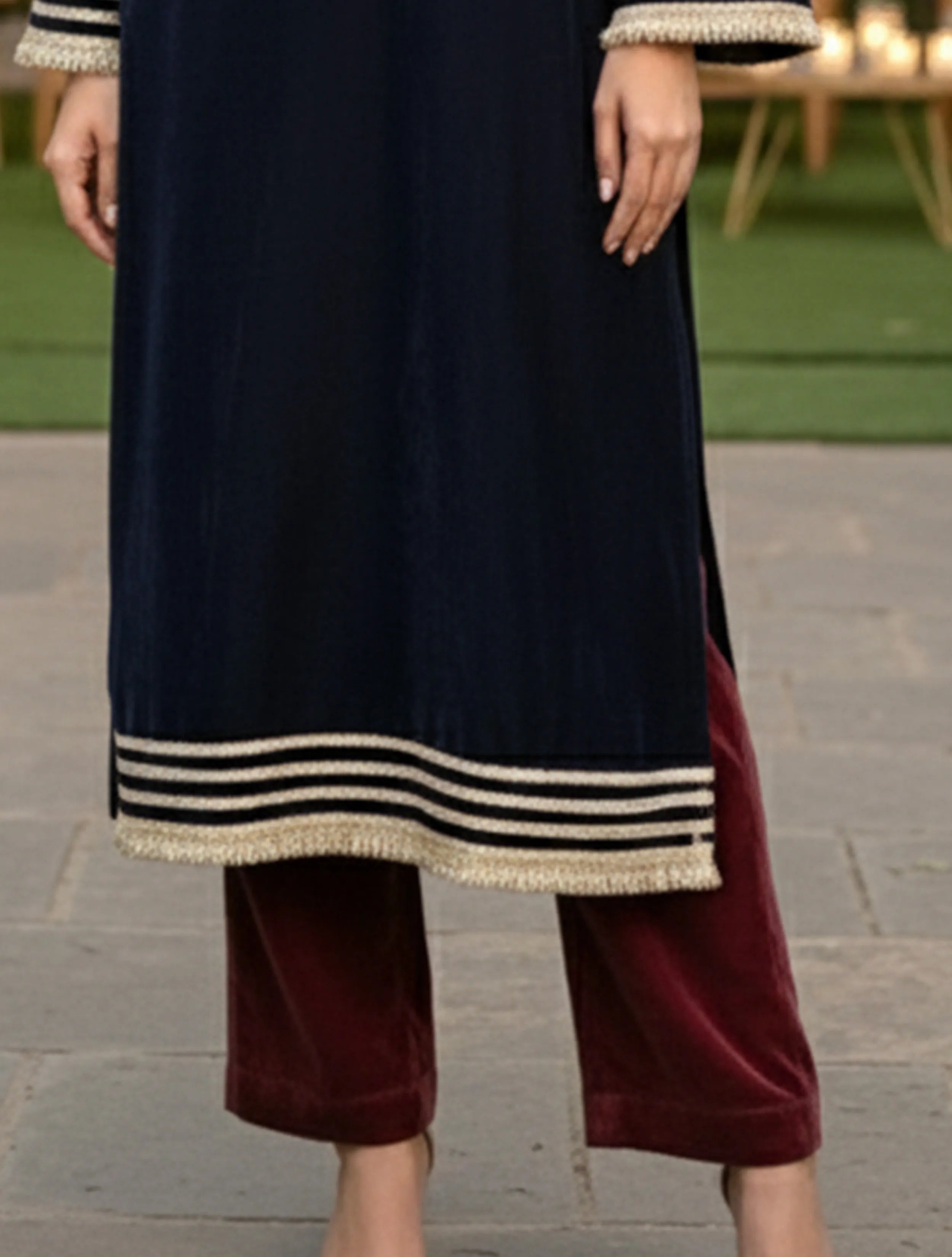 trueBrowns Navy High Slit Velvet Kurta