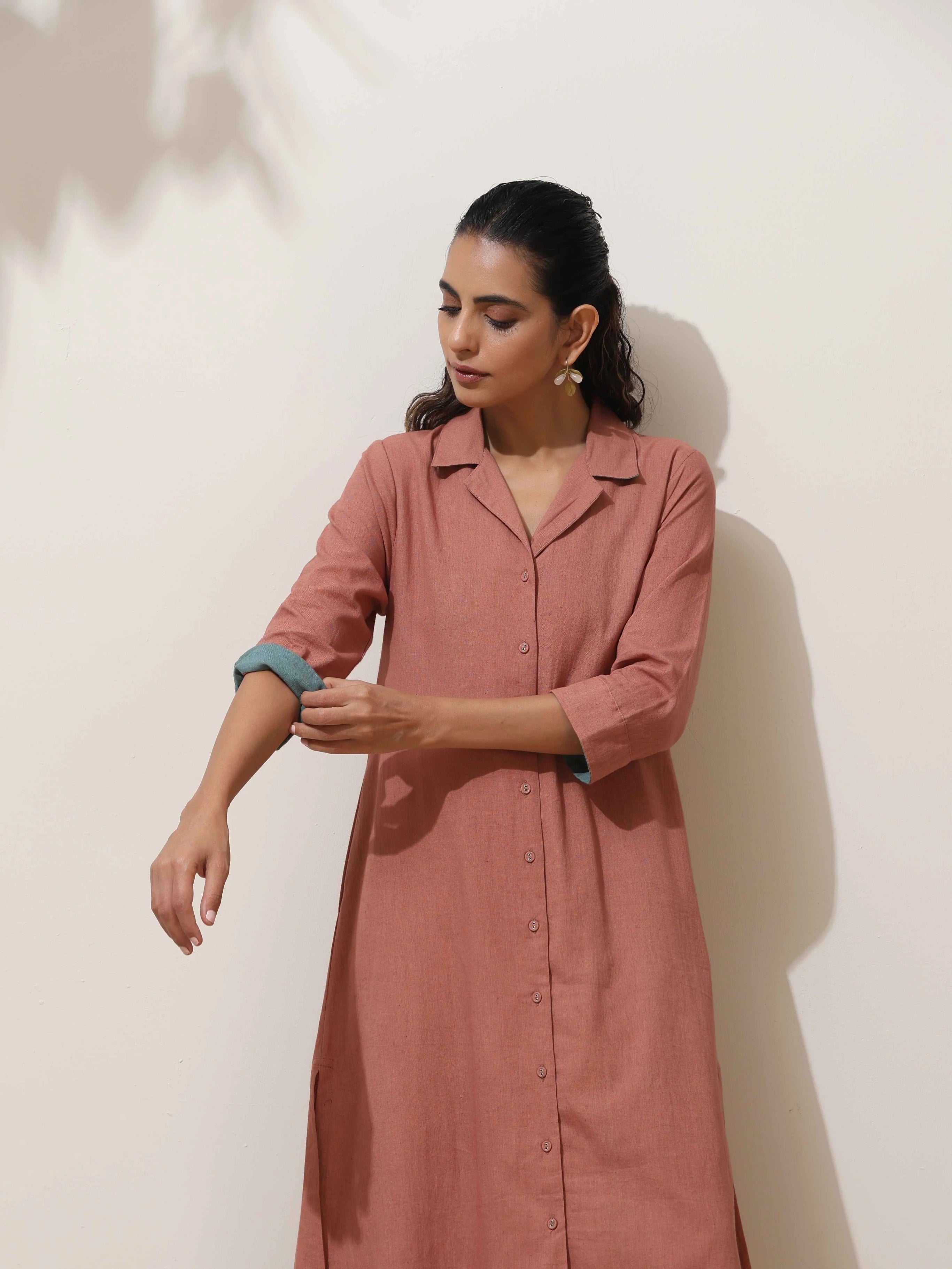 trueBrowns Peach Cotton Linen Kurta Pant Set