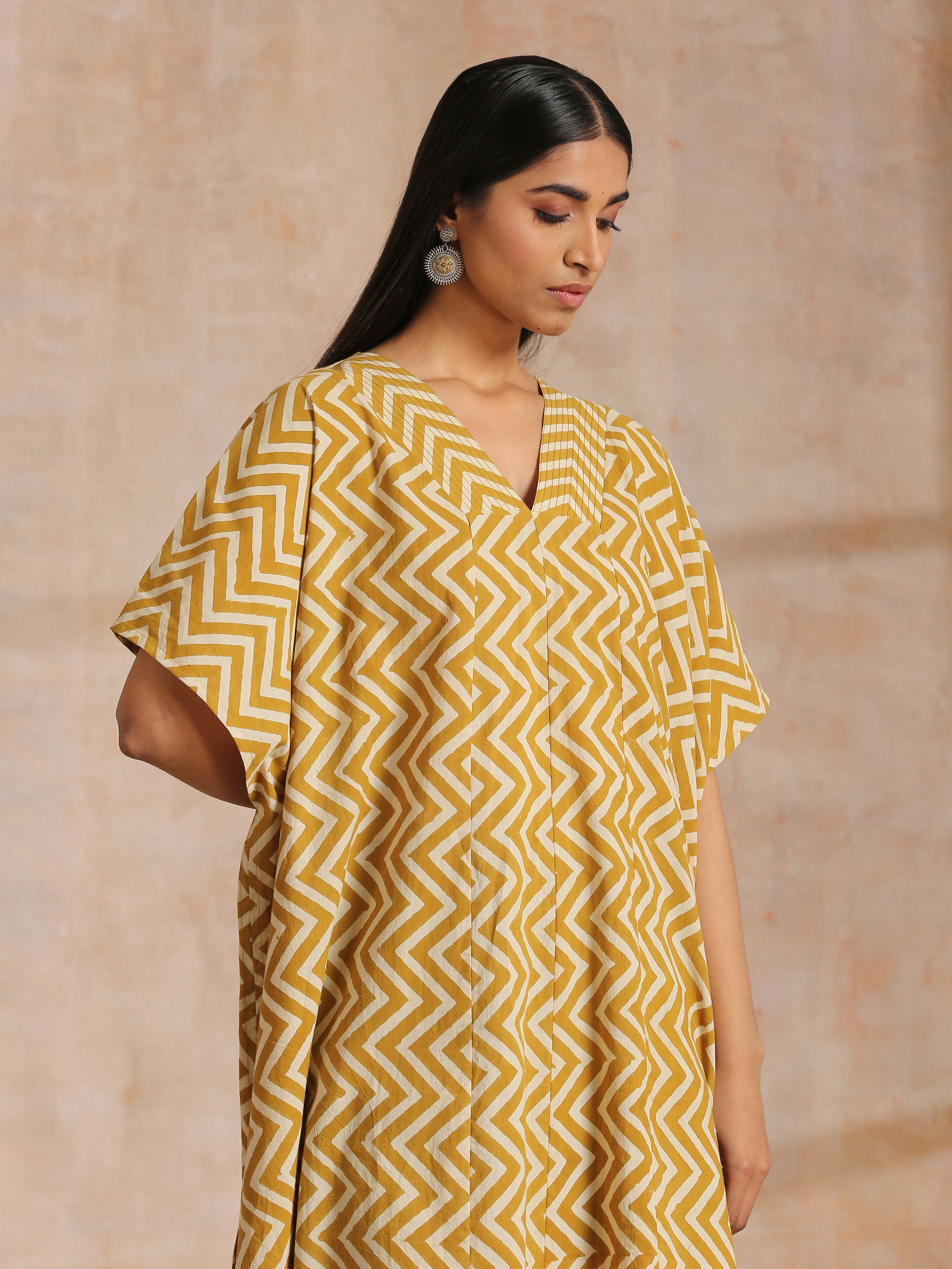 Mustard Dabu Zig-Zag Lines Print Cotton Panel Kaftan Kurta Pant Set
