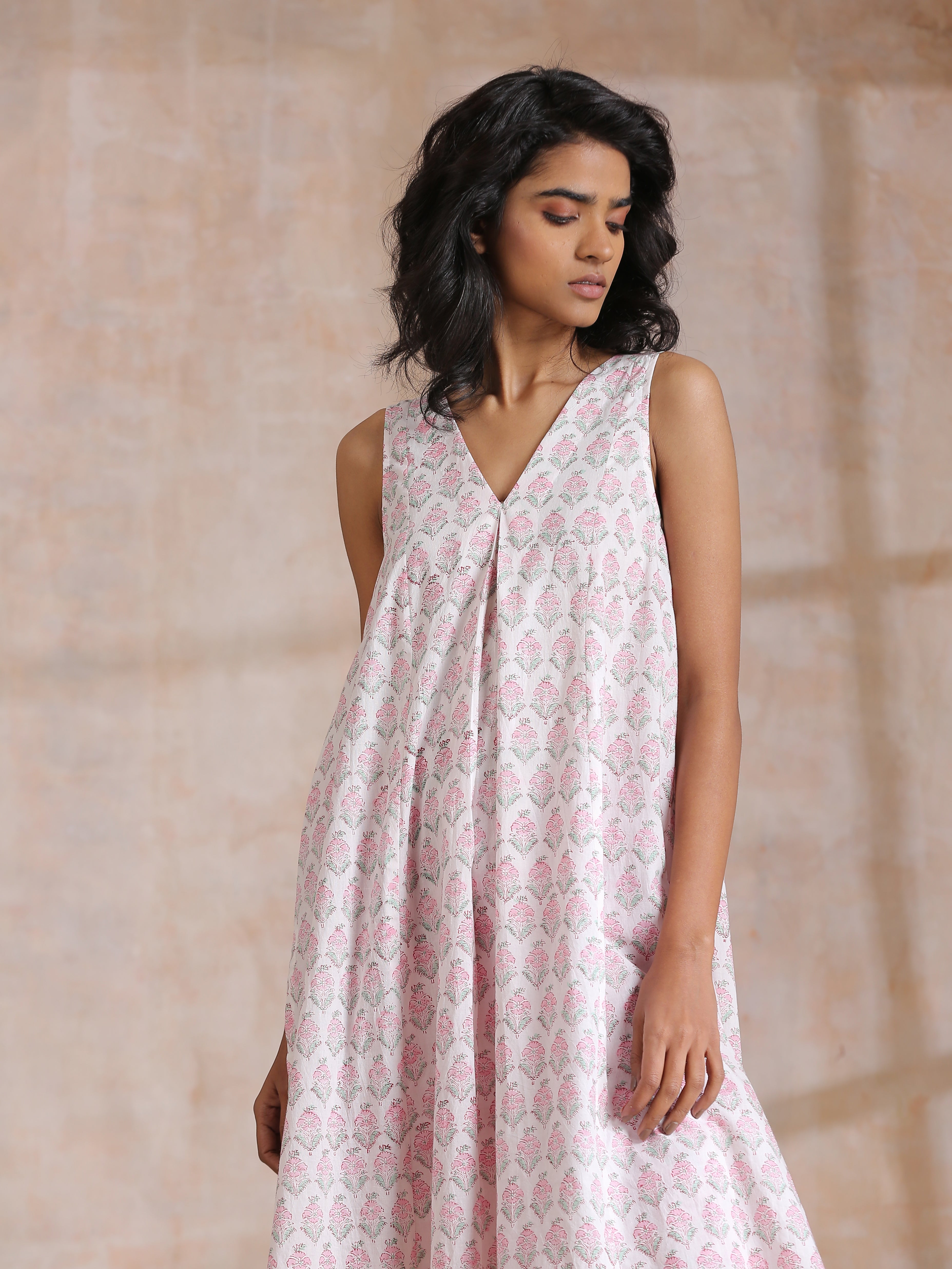 Pink Green Floral On White Block Print Cotton Sleeveless Flared Kurta Pant Set
