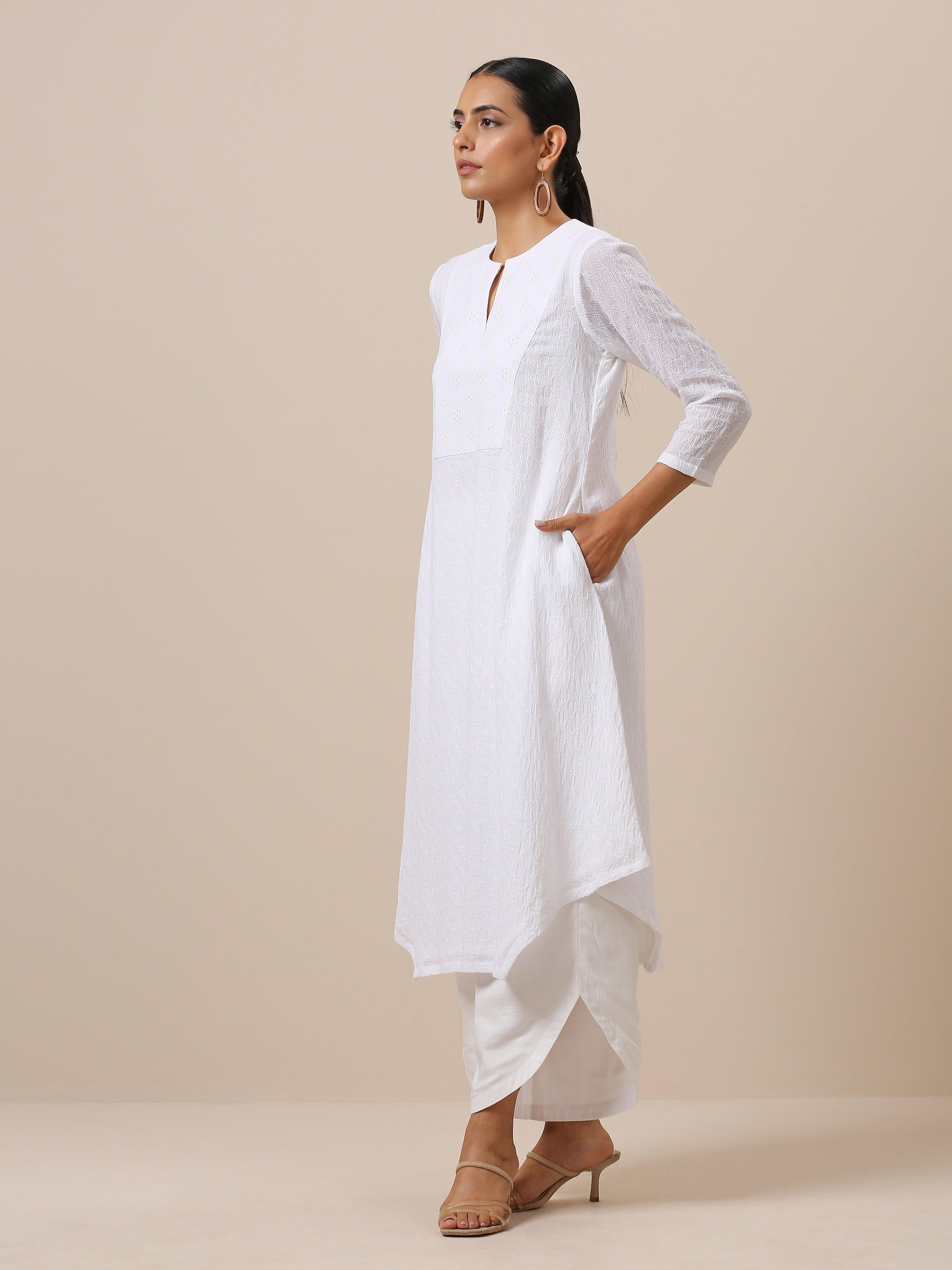 Cotton White Weave Yoke Kurta Pant Set - trueBrowns