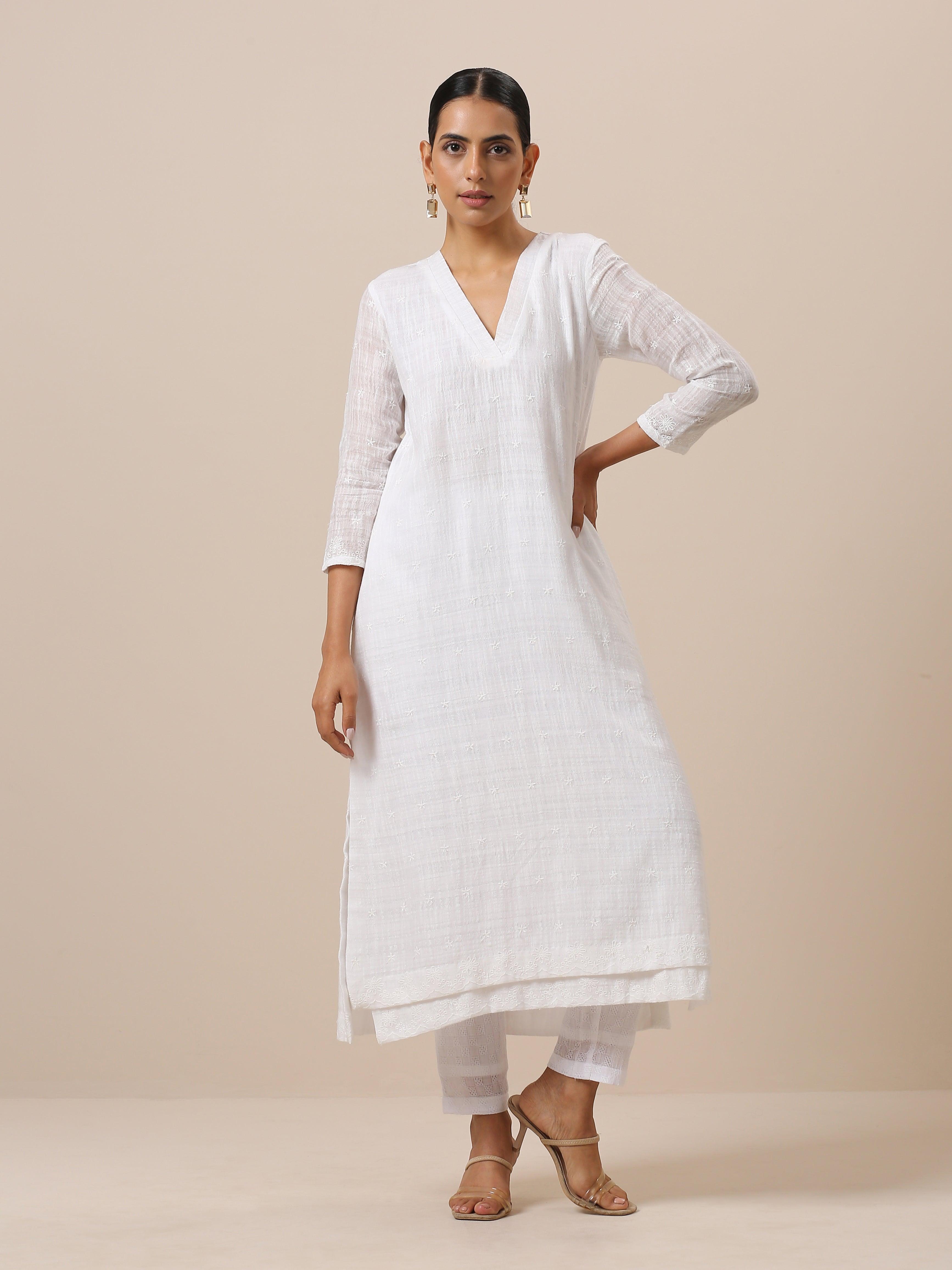 Cotton White Double Hem Embroidered Kurta Pant Set - trueBrowns