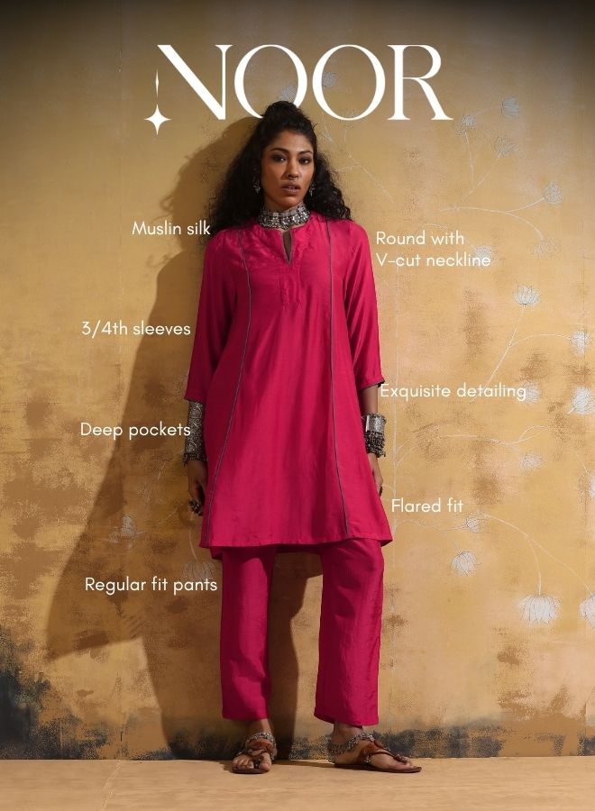 trueBrowns Pink Muslin Silk A-Line Kurta Co-ord Set