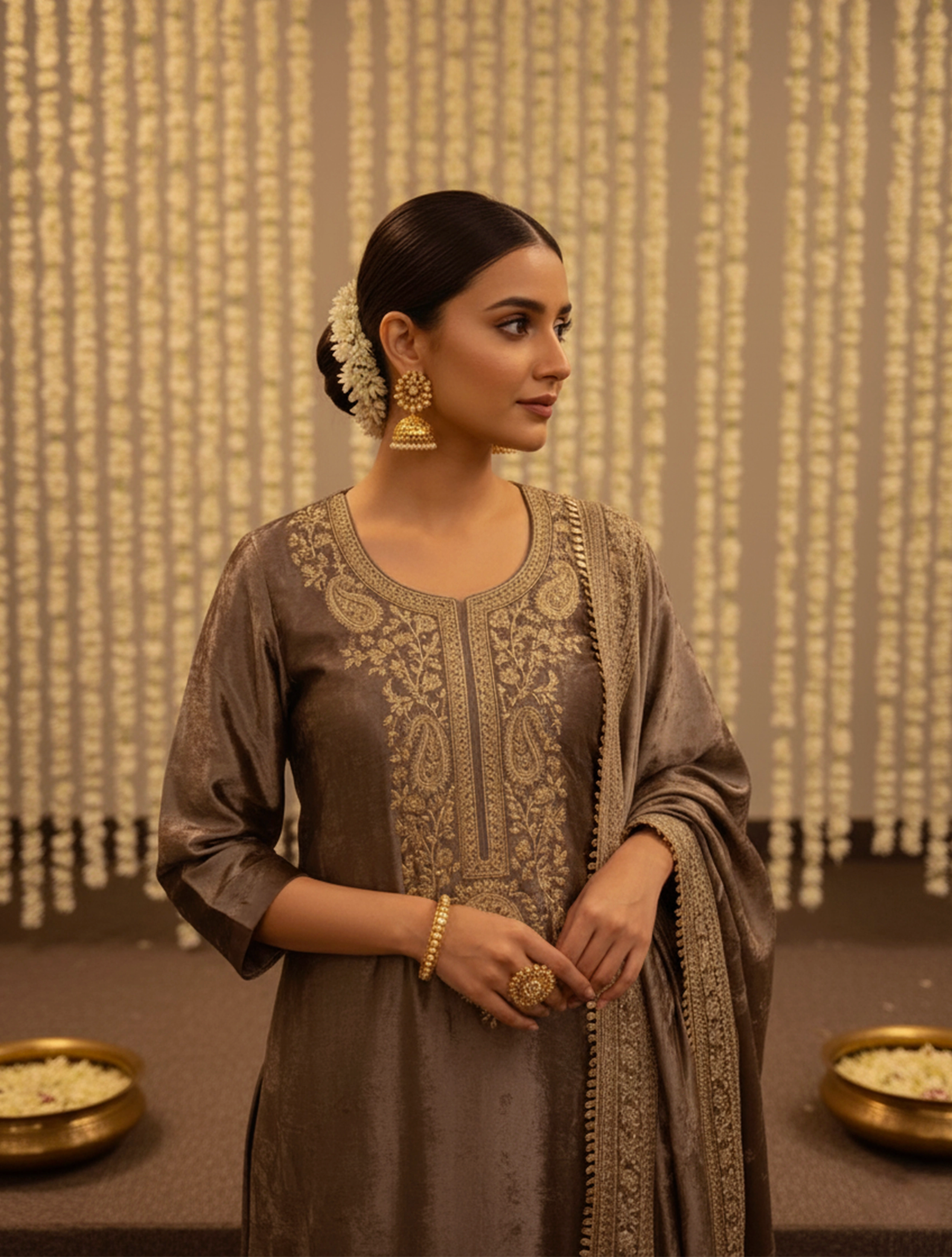 trueBrowns Velvet Grey Gleam Embroidered Kurta Pants Dupatta Set