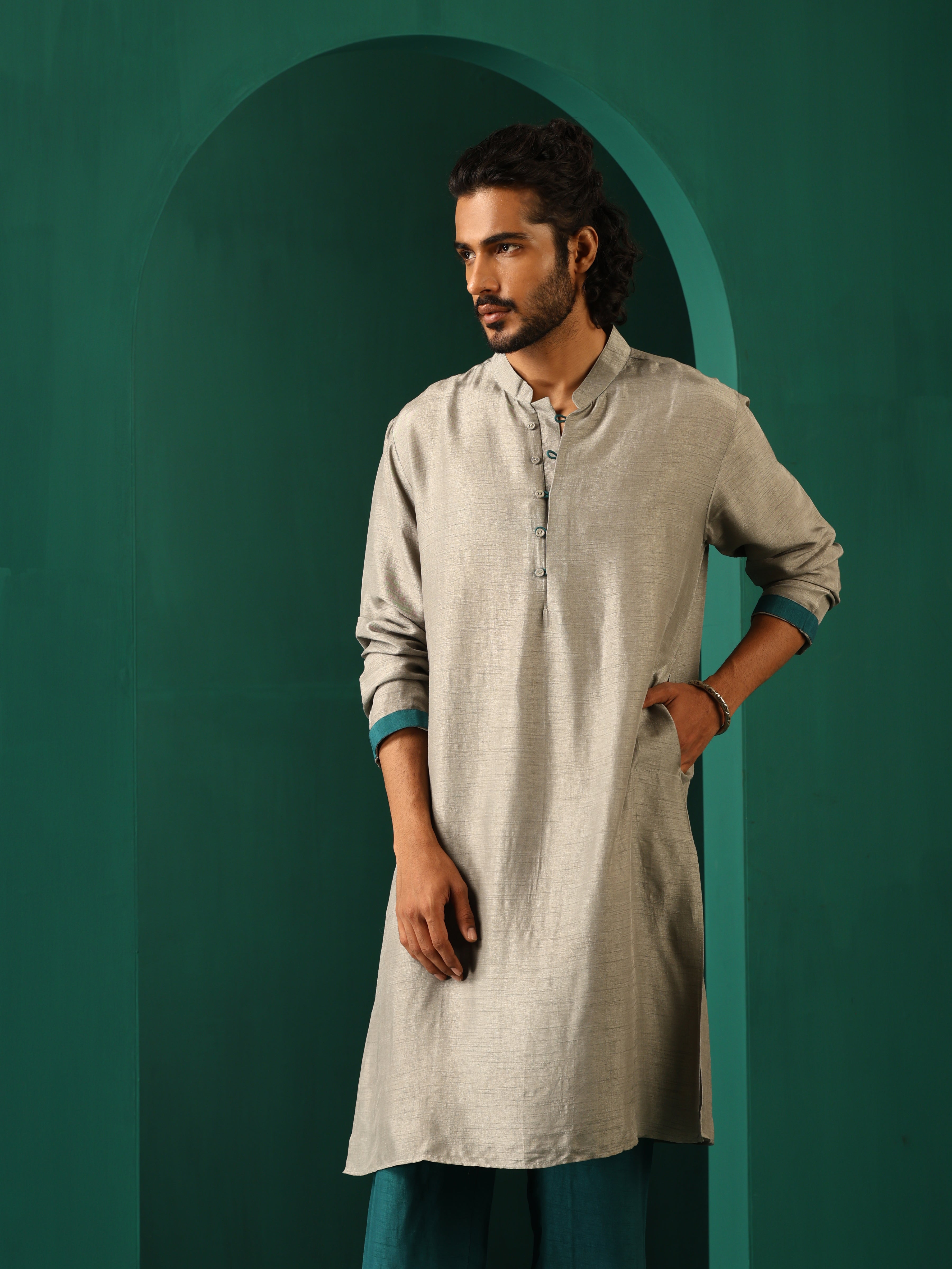 trueBrowns Men Grey Silk Long Kurta