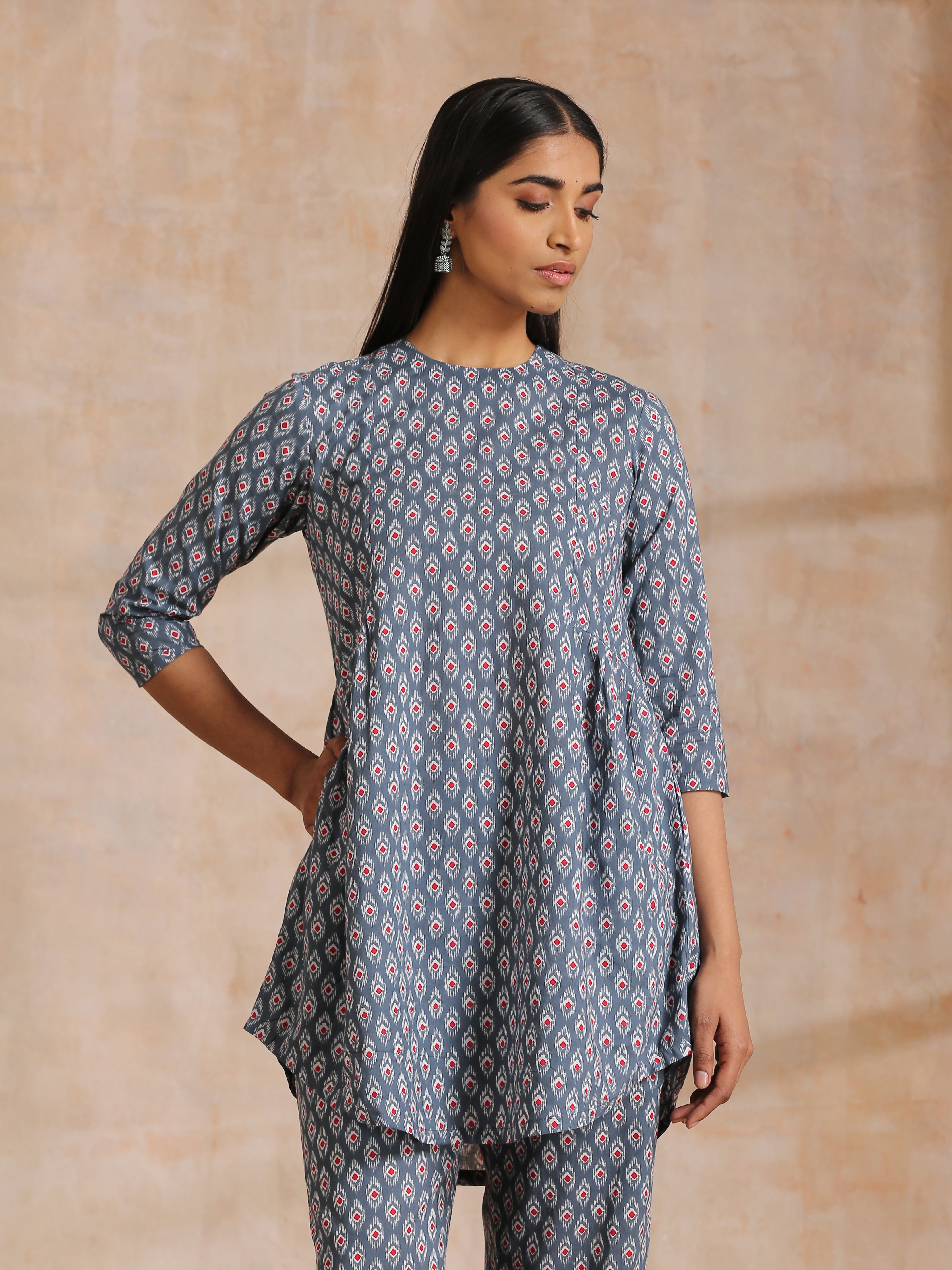 Steel Grey Ikat Print Cotton Gathers Co-Ord Set