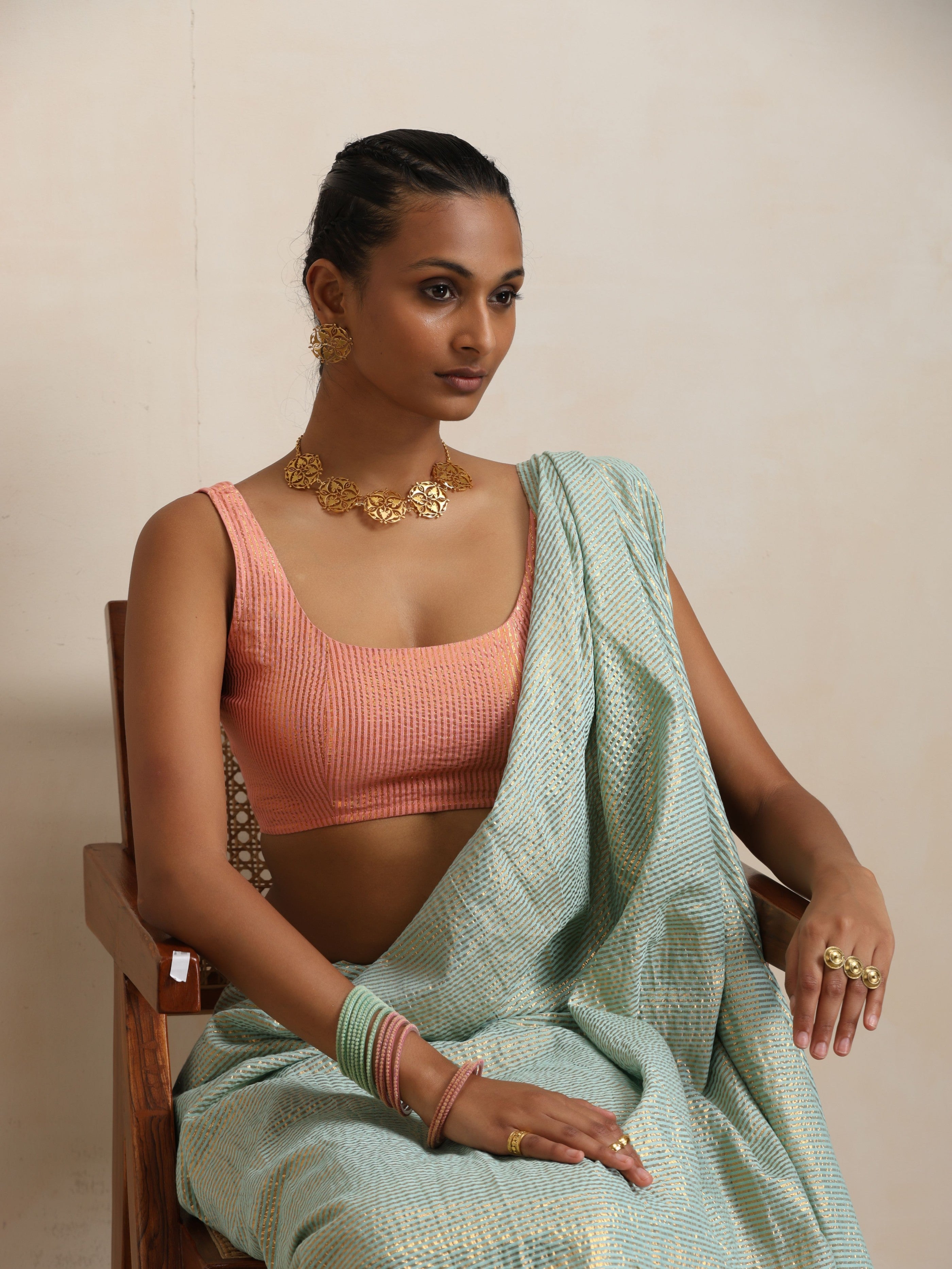 trueBrowns Blue Gold Lurex Ready To Wear Saree