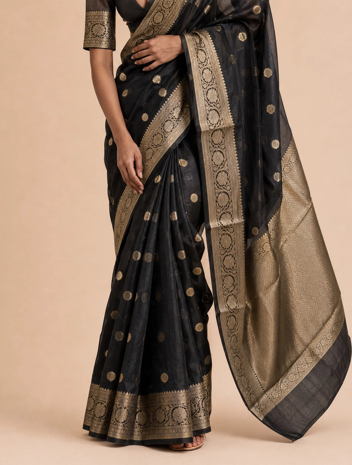trueBrowns Black Weave Gold Boota Silk Organza Handloom Saree With Unstitched Blouse