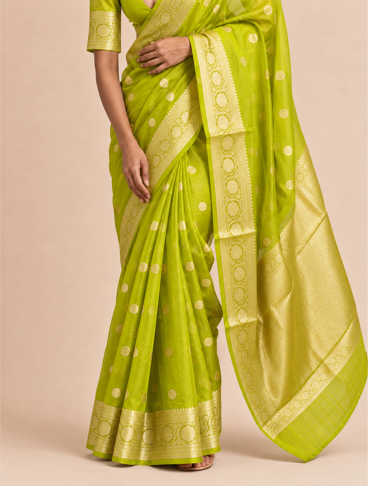 trueBrowns Green Weave Gold Boota Silk Organza Handloom Saree With Unstitched Blouse