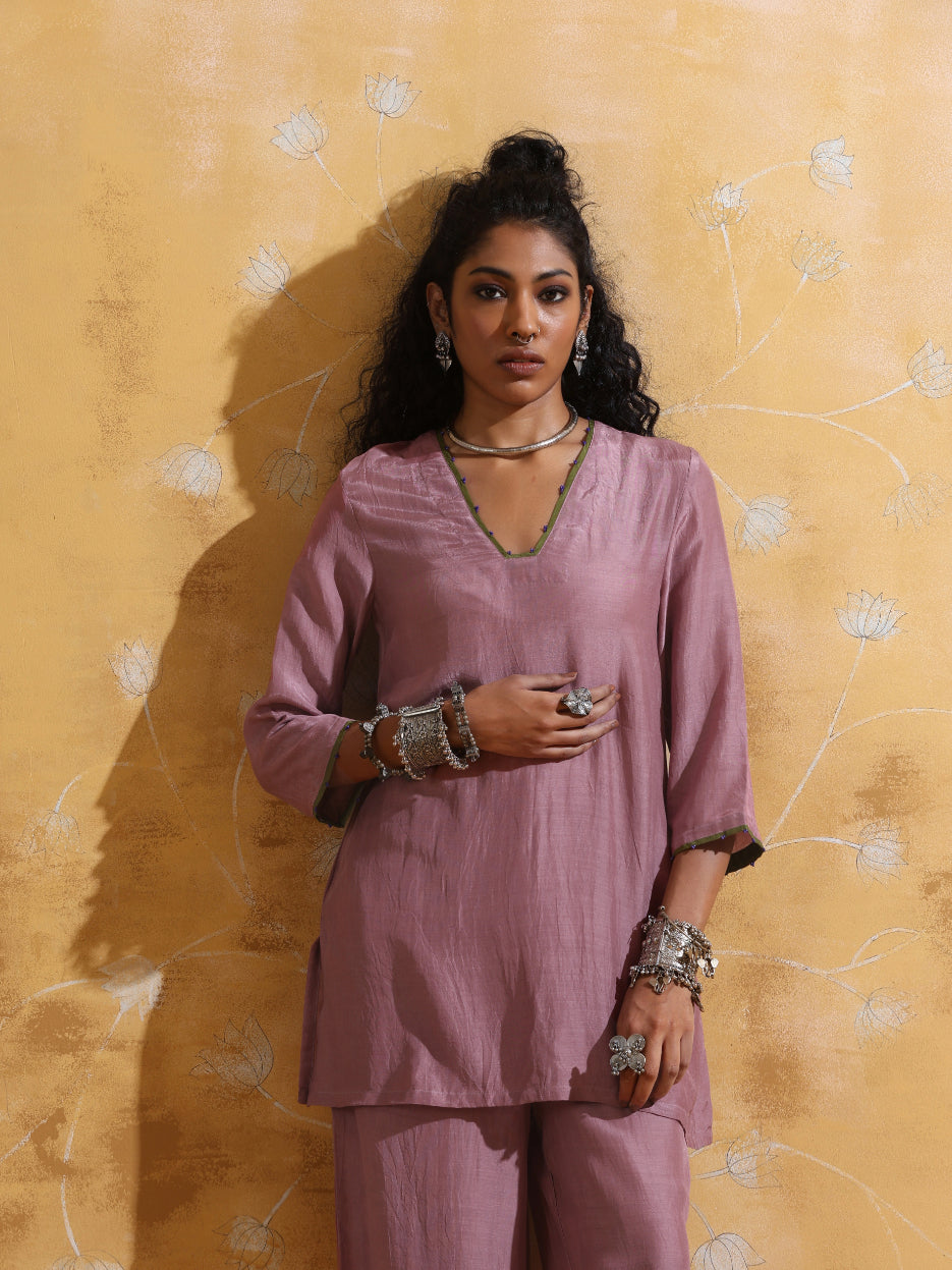 trueBrowns Lilac Muslin Silk Co-ord Set with Flared Pants