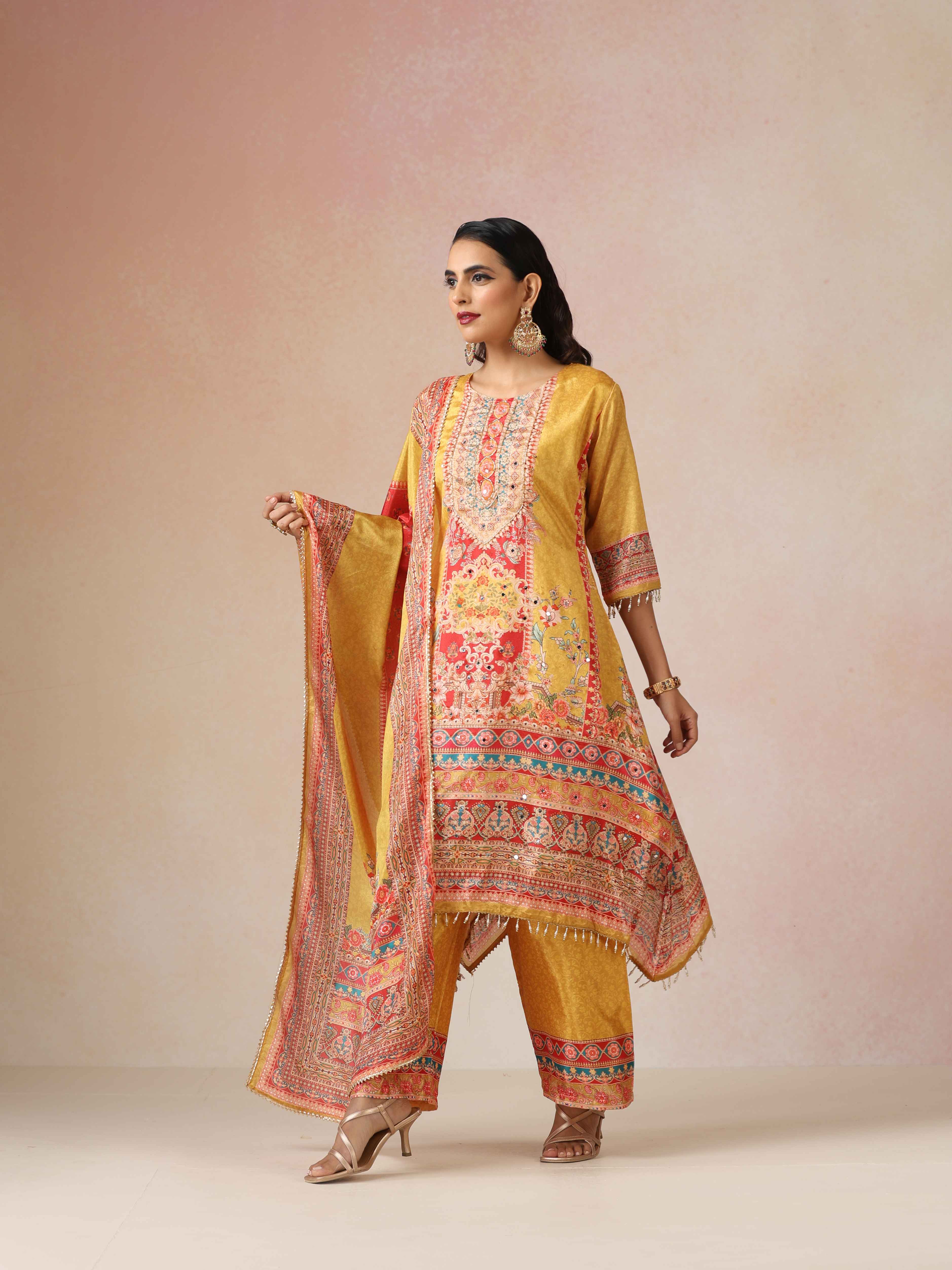 trueBrowns Yellow Print A-Line Kurta 3pc Set