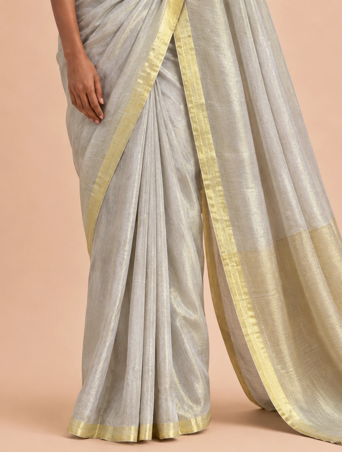 trueBrowns Grey Gold Tissue Silk Linen Handloom Saree With Unstitched Blouse