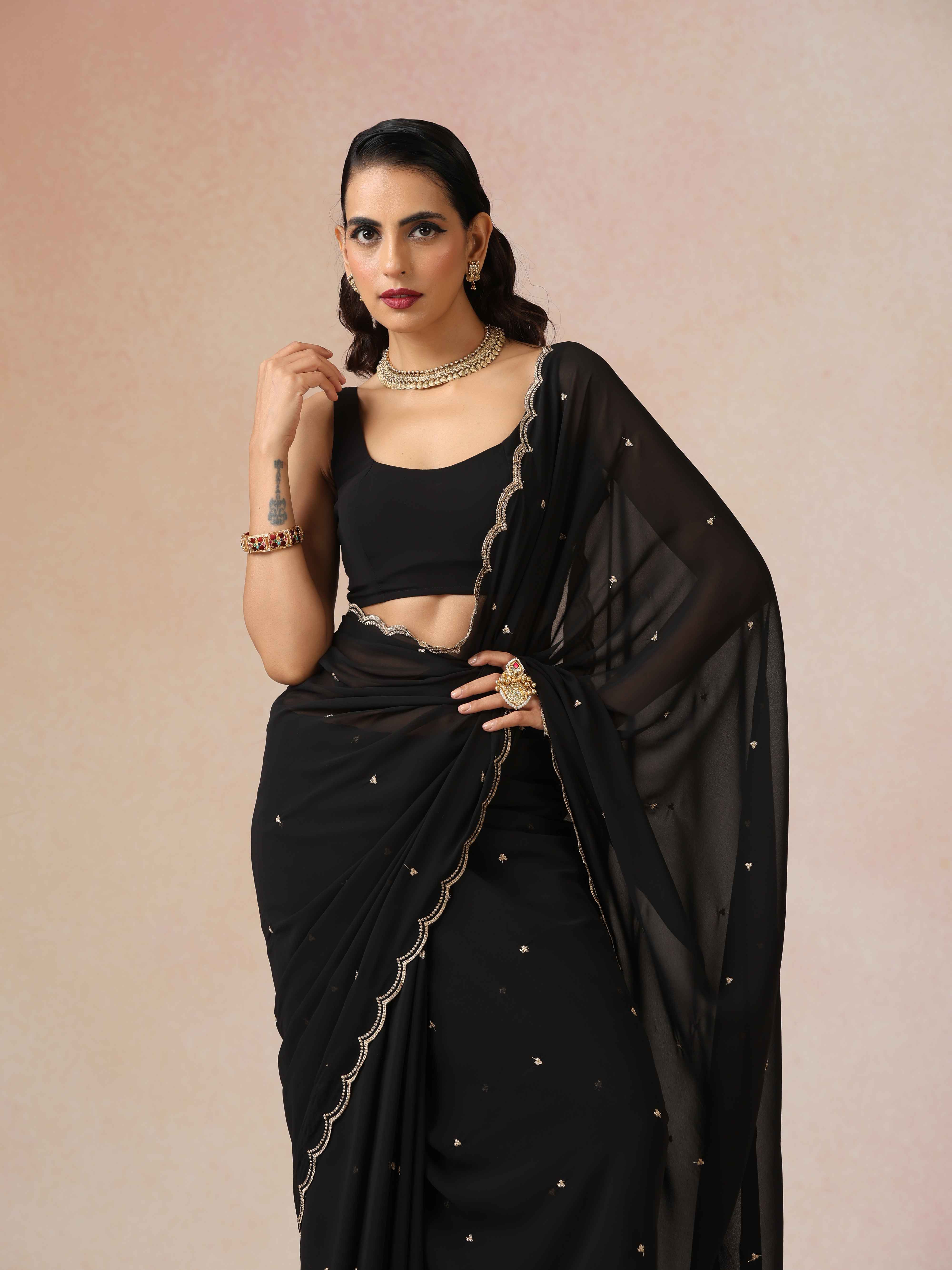 trueBrowns Black Georgette Embroidered Saree With unstitched Blouse