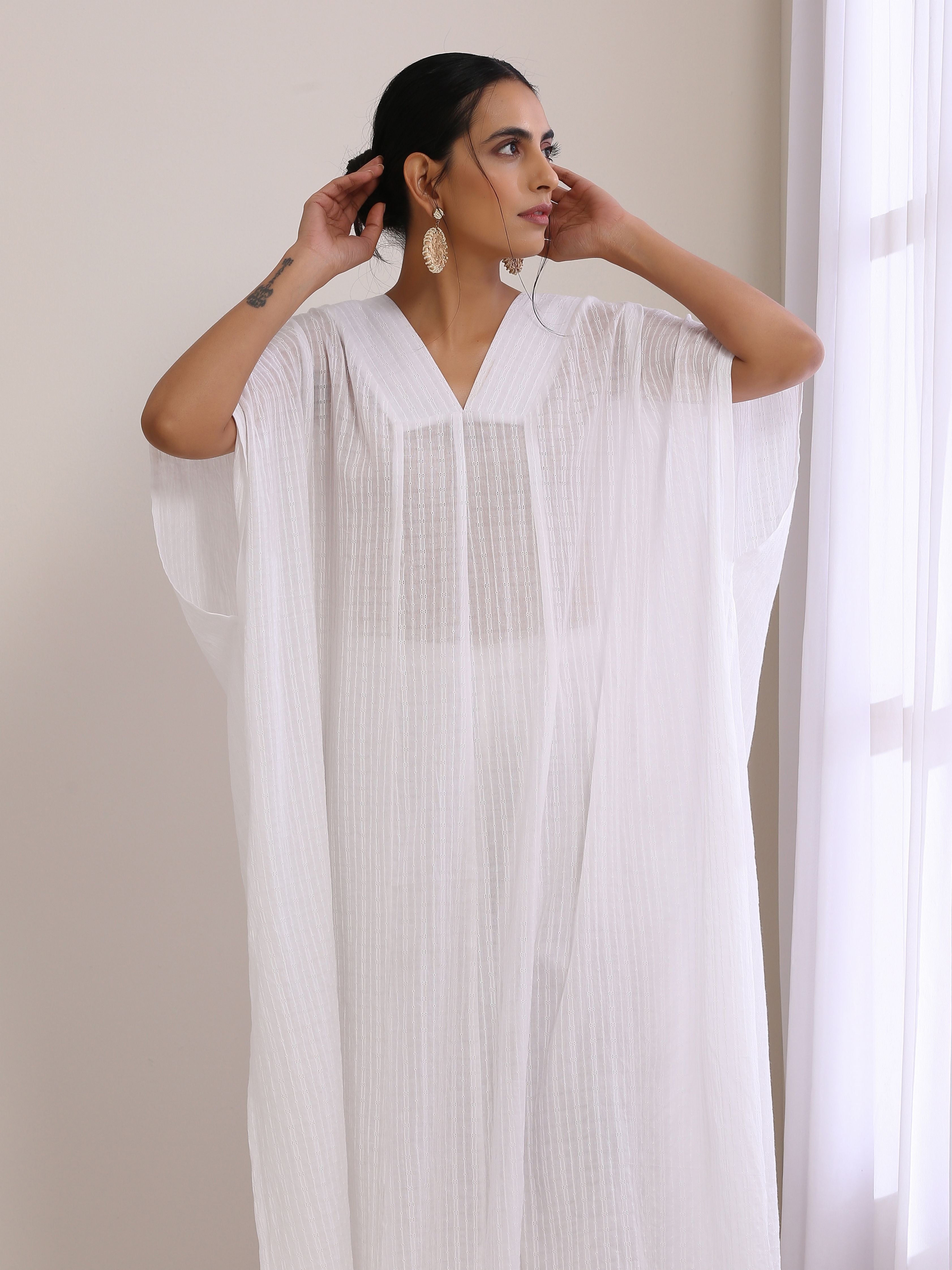 White Dobby Panel Kaftan Kurta Pant Set
