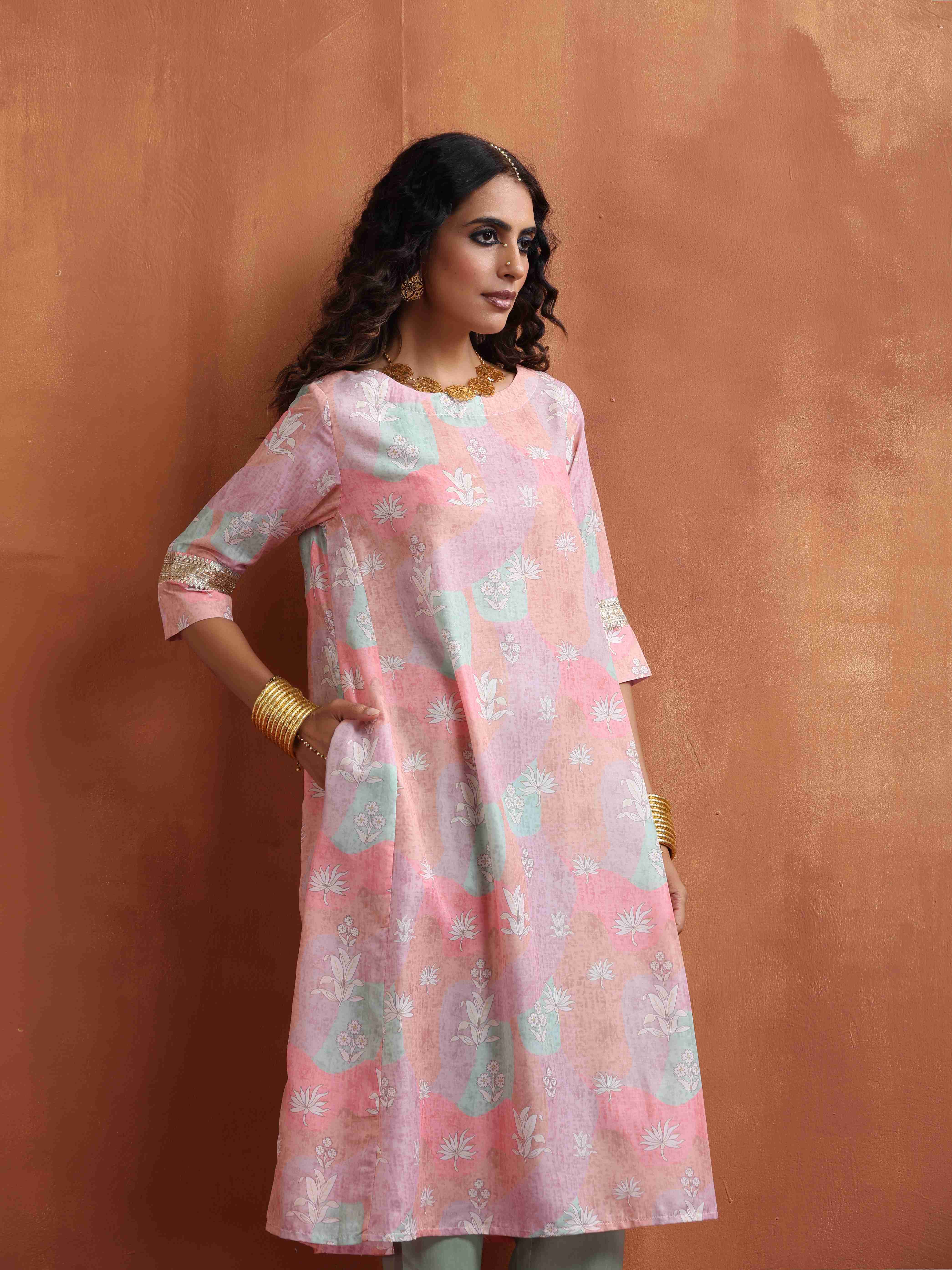 trueBrowns Beige Palm Print A-line Kurta Set