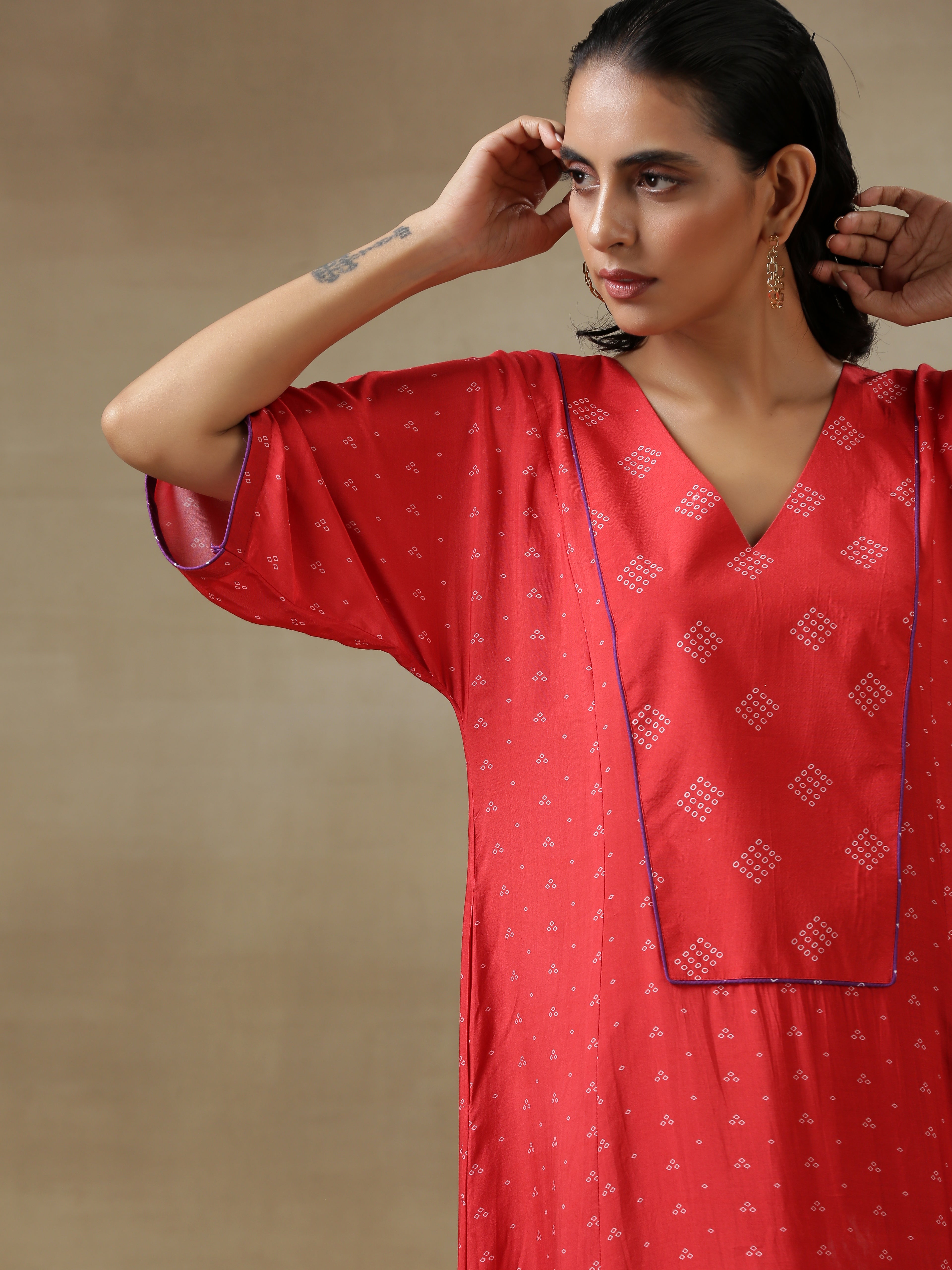 Red Bandhani Printed Silk Long Kurta Pant Set