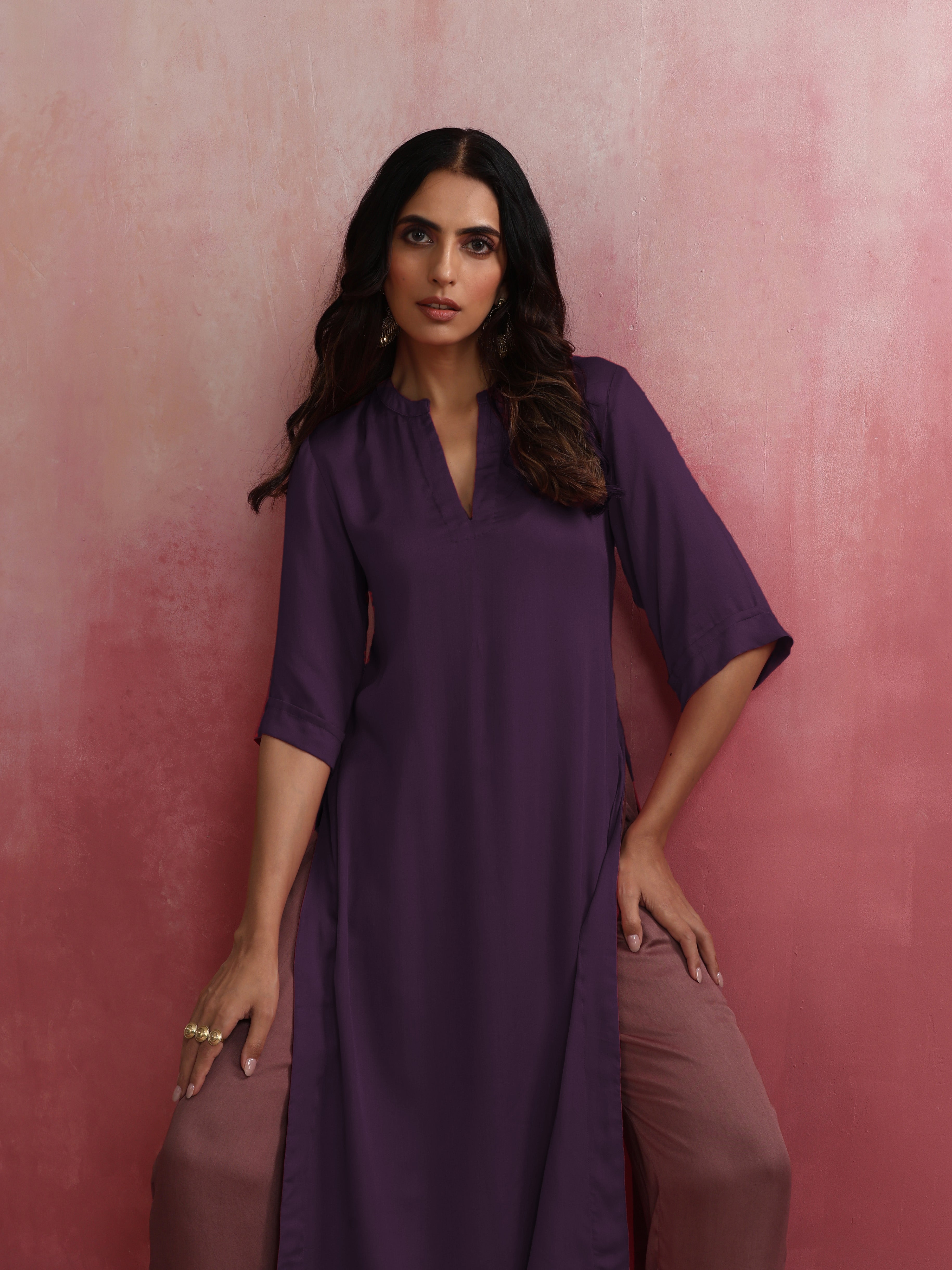 trueBrowns Purple Modal Straight Fit Kurta Set