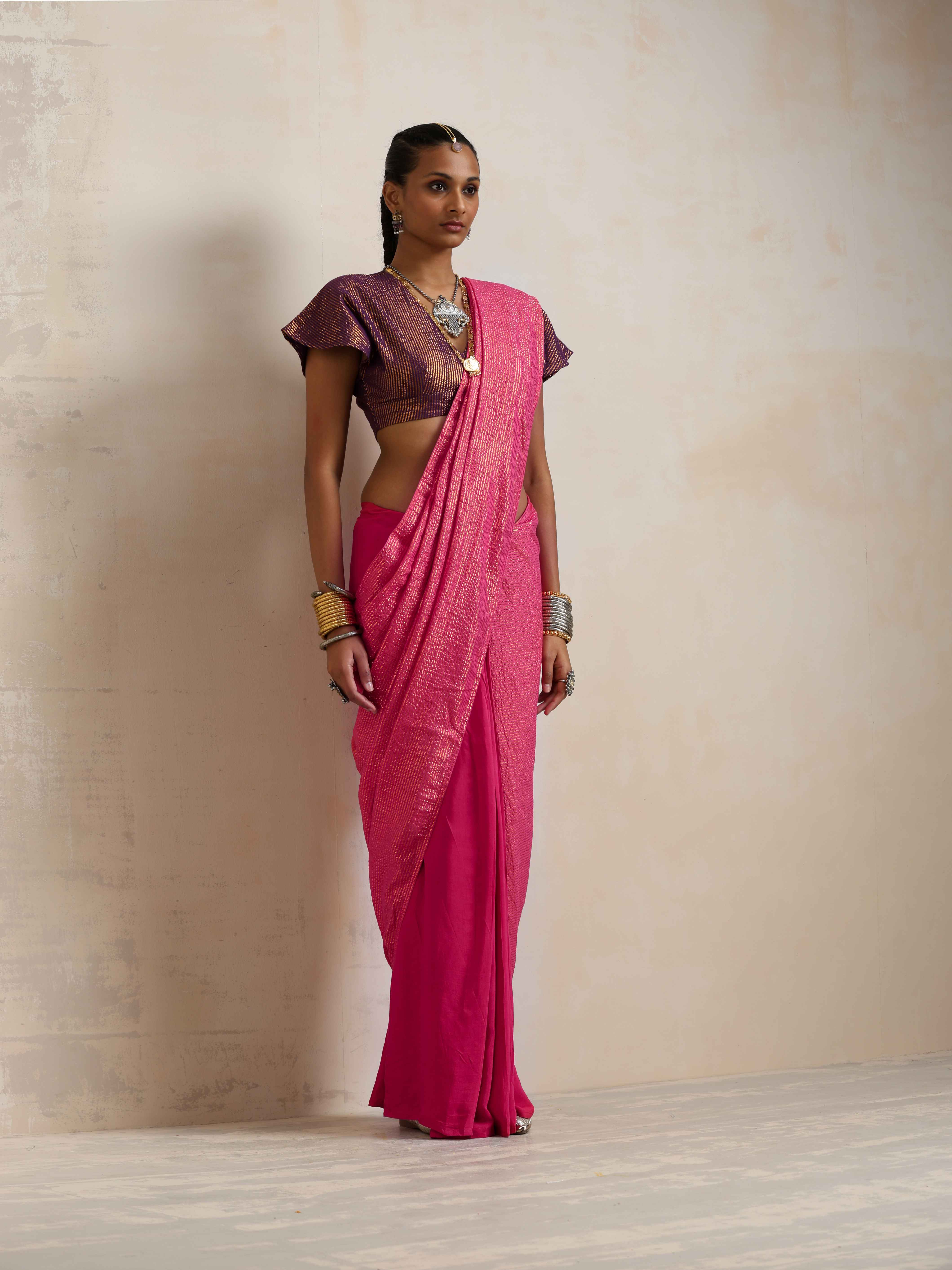 trueBrowns Pink Gold Lurex Ready To Wear Saree