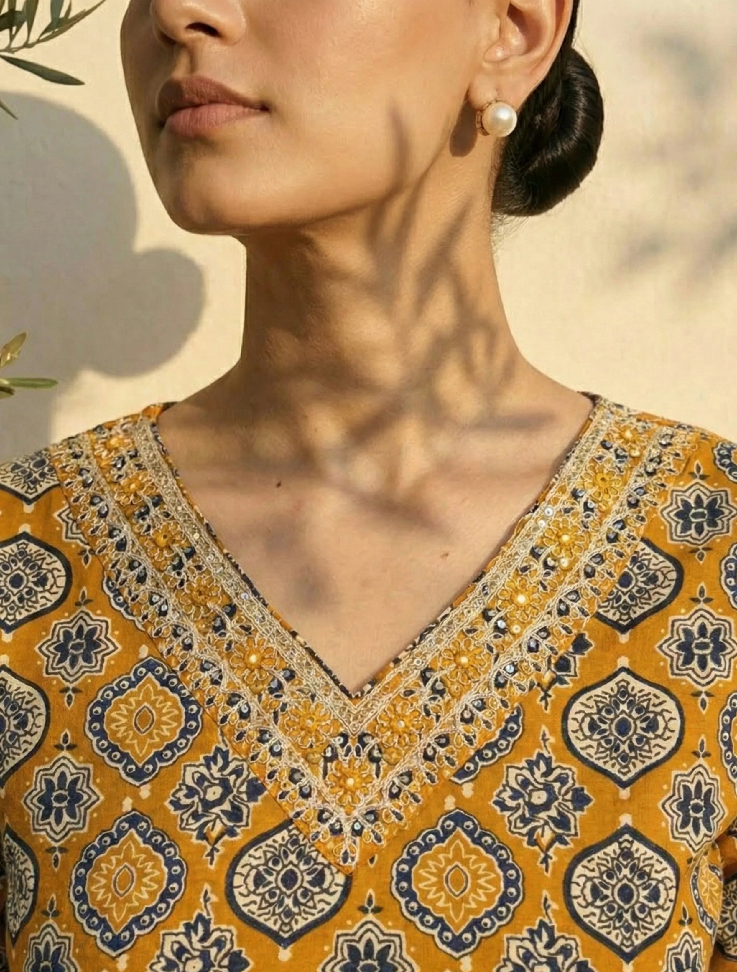 trueBrowns Mustard Print Embroidered V-Neck Kurta Pant Dupatta Set