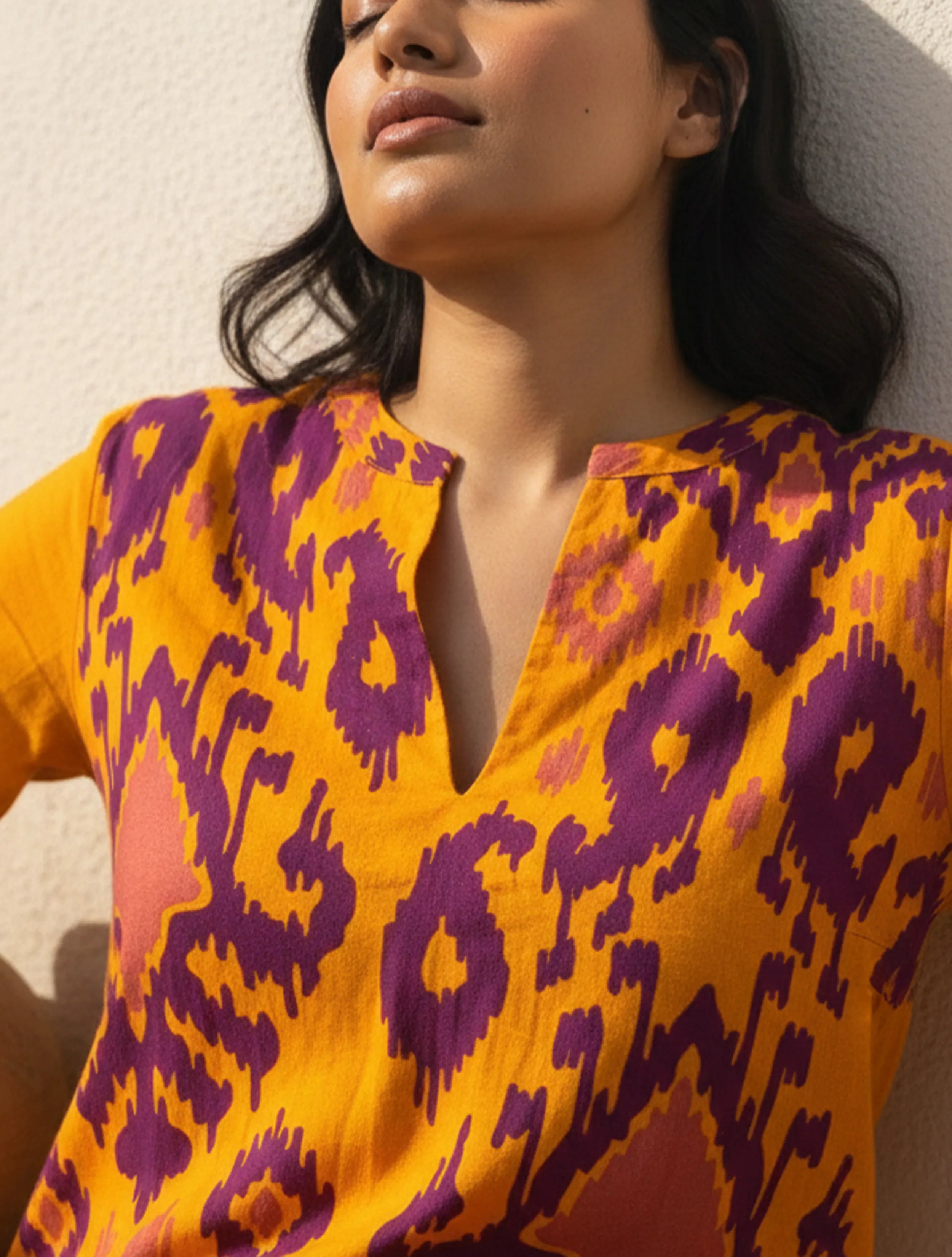 trueBrowns Yellow Purple Ikat Print Cotton High-Low Kurta Set