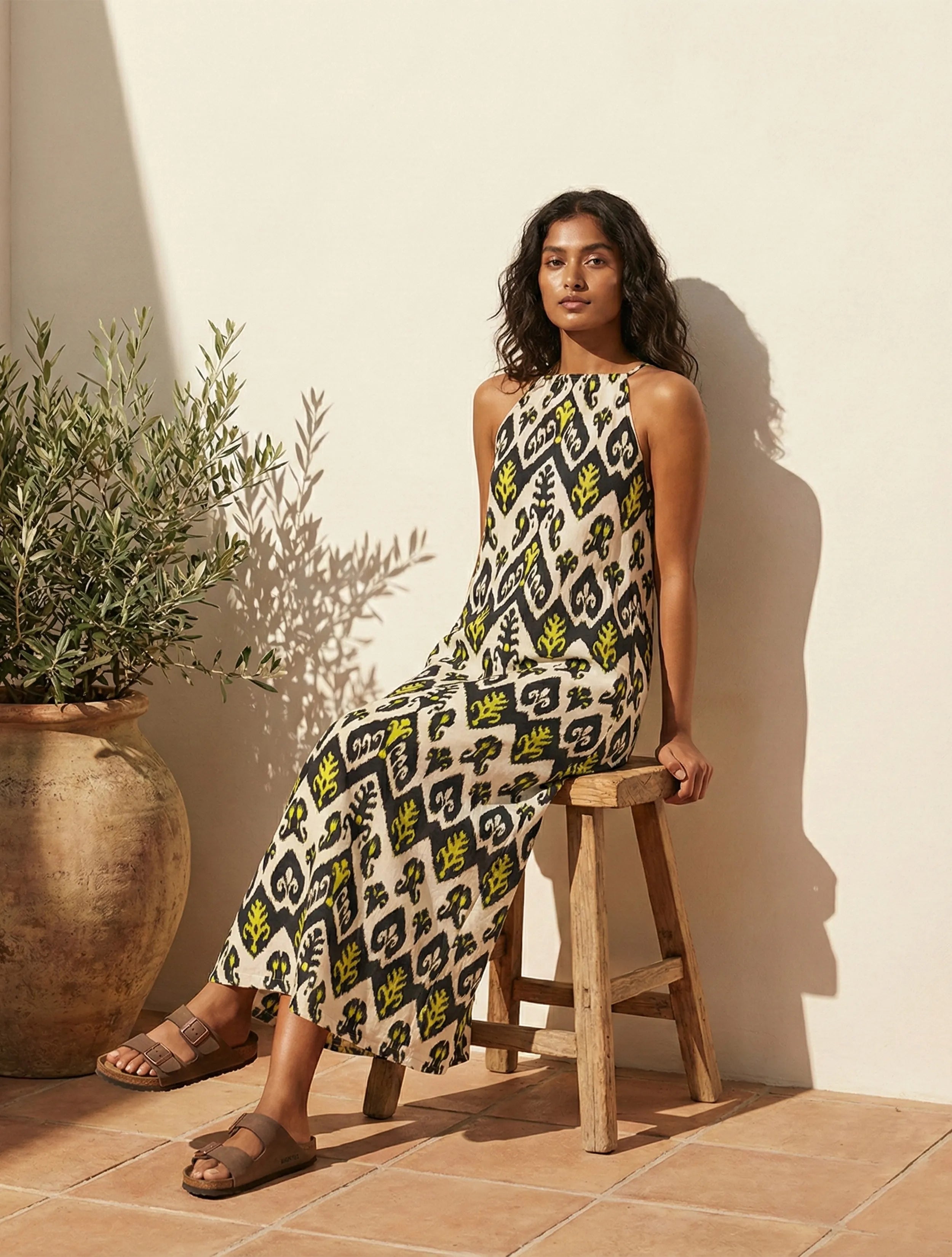 trueBrowns Black White Ikat Print Cotton Mull Long Dress