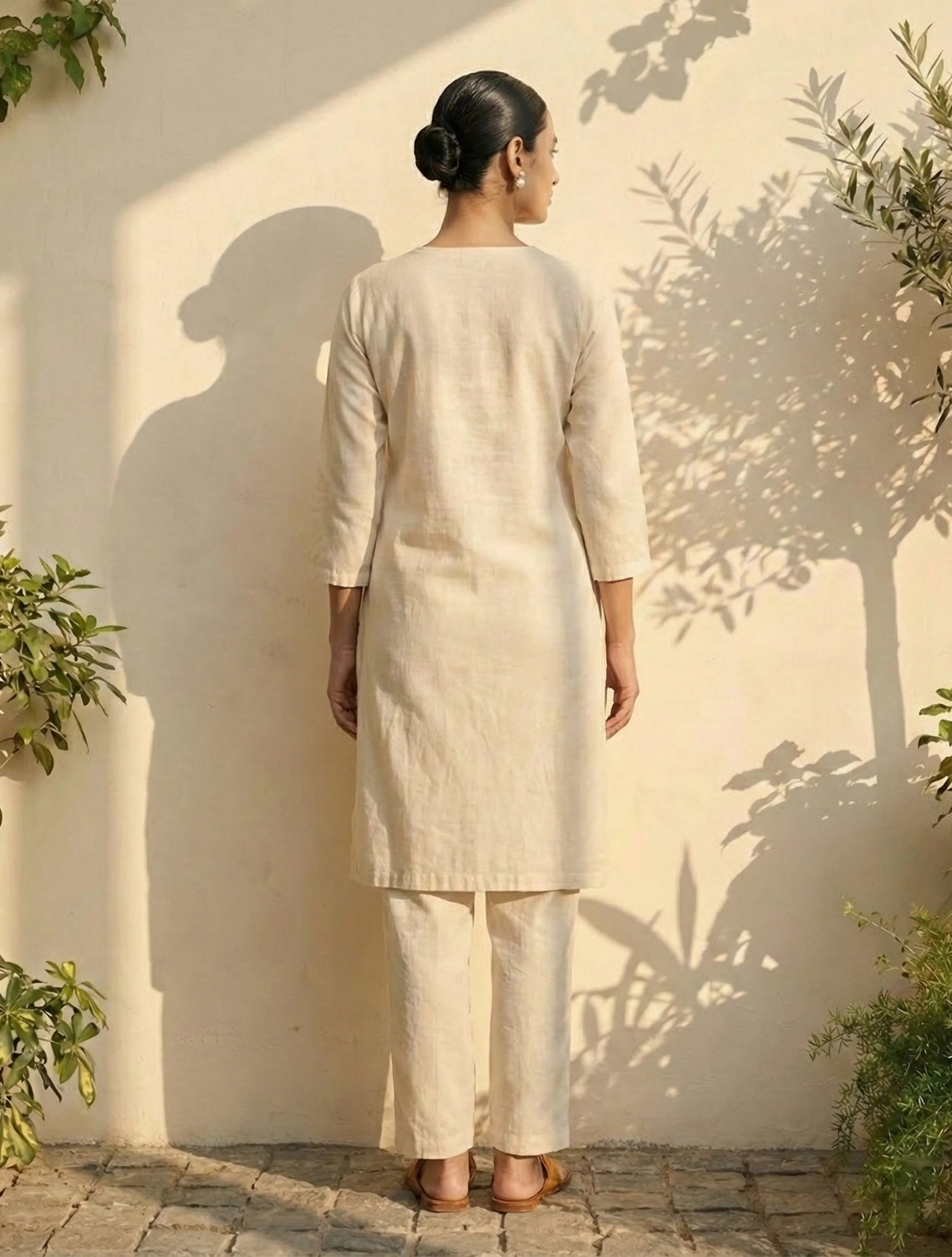 trueBrowns Off-White Black Embroidered Kurta Co-Ord Pant Set