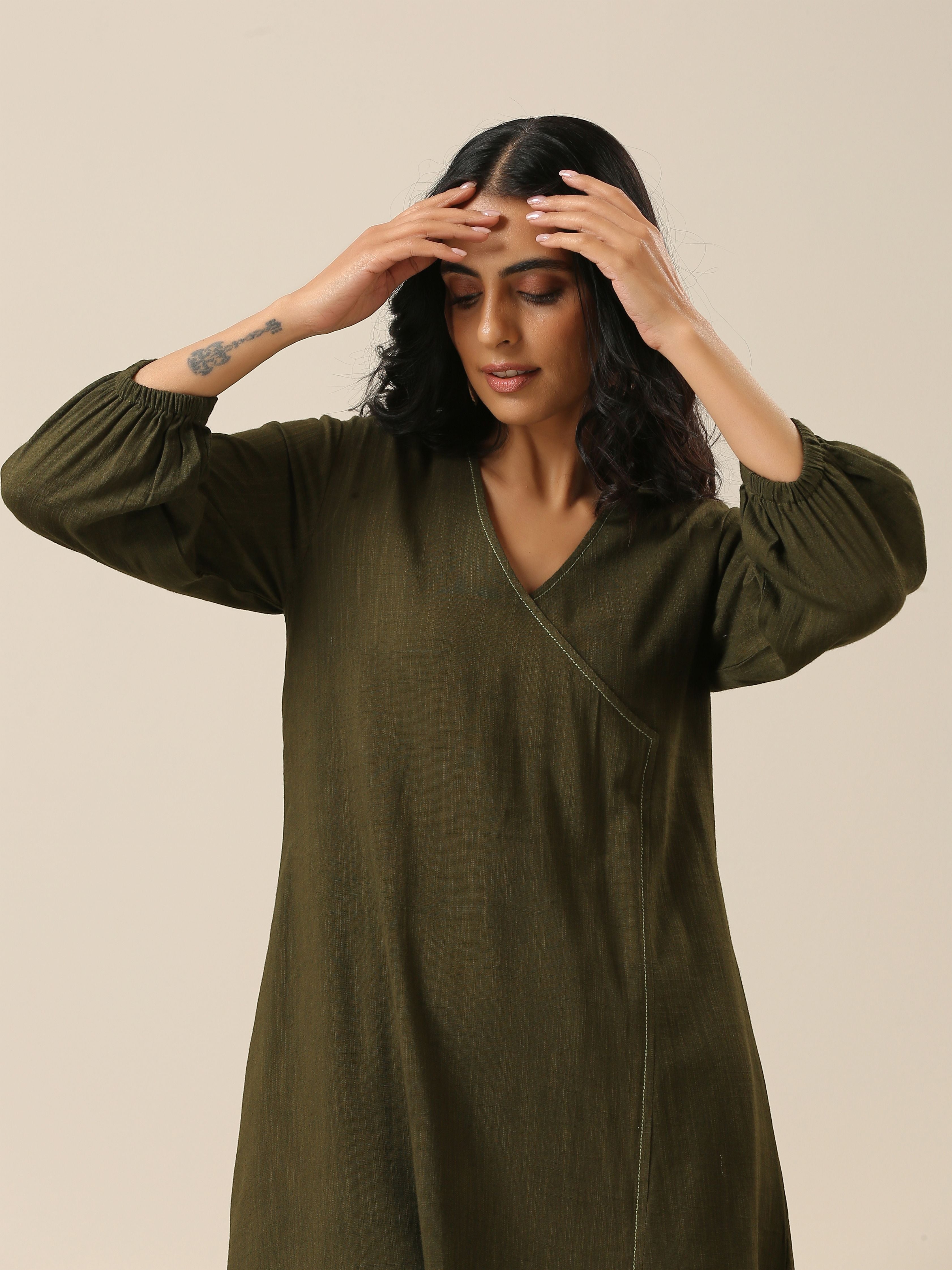 Olive Green Slub Texture Kurta Pant Set