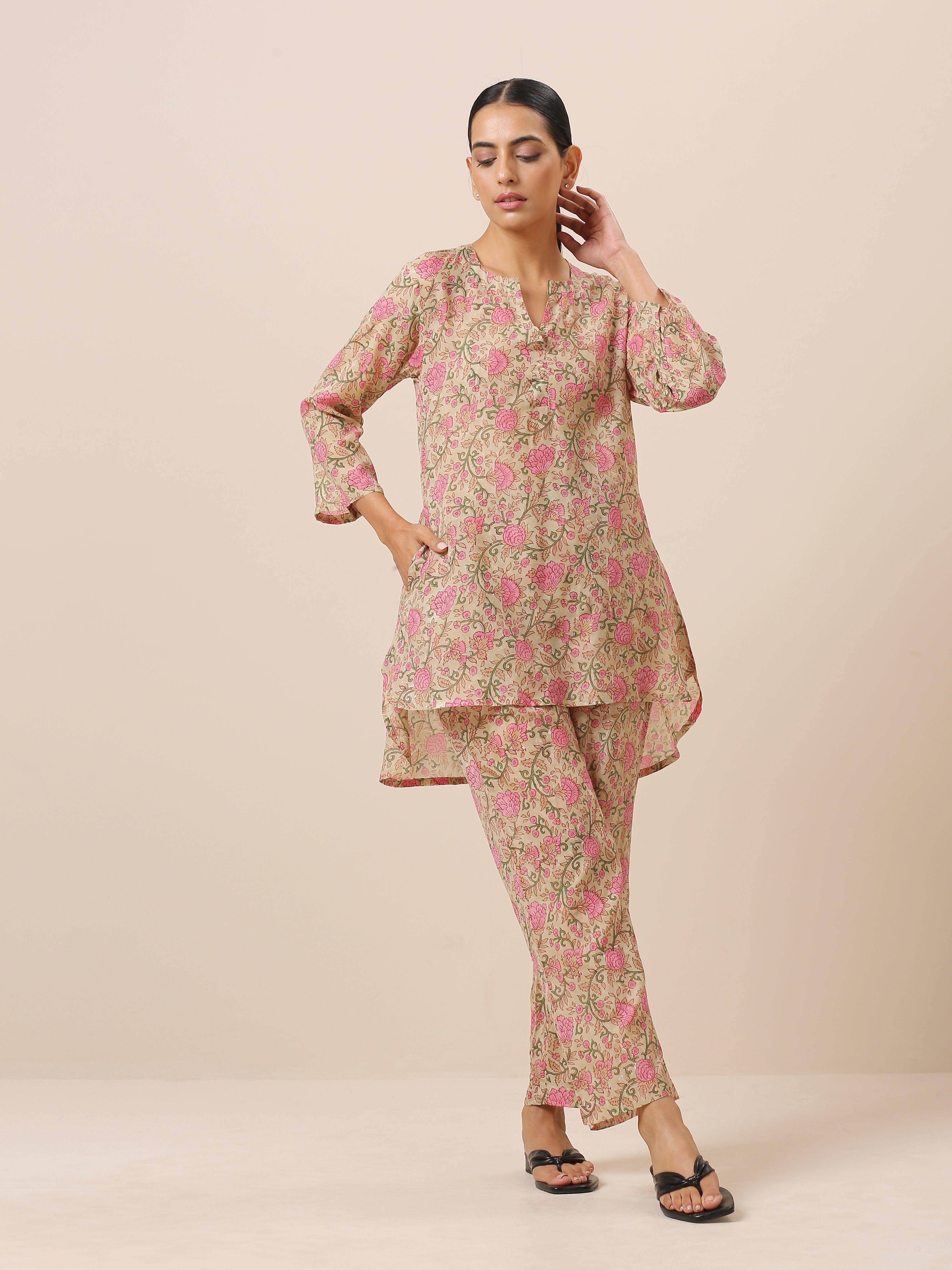 Cotton Hand Block Printed Green Pink Co-Ord Set - trueBrowns